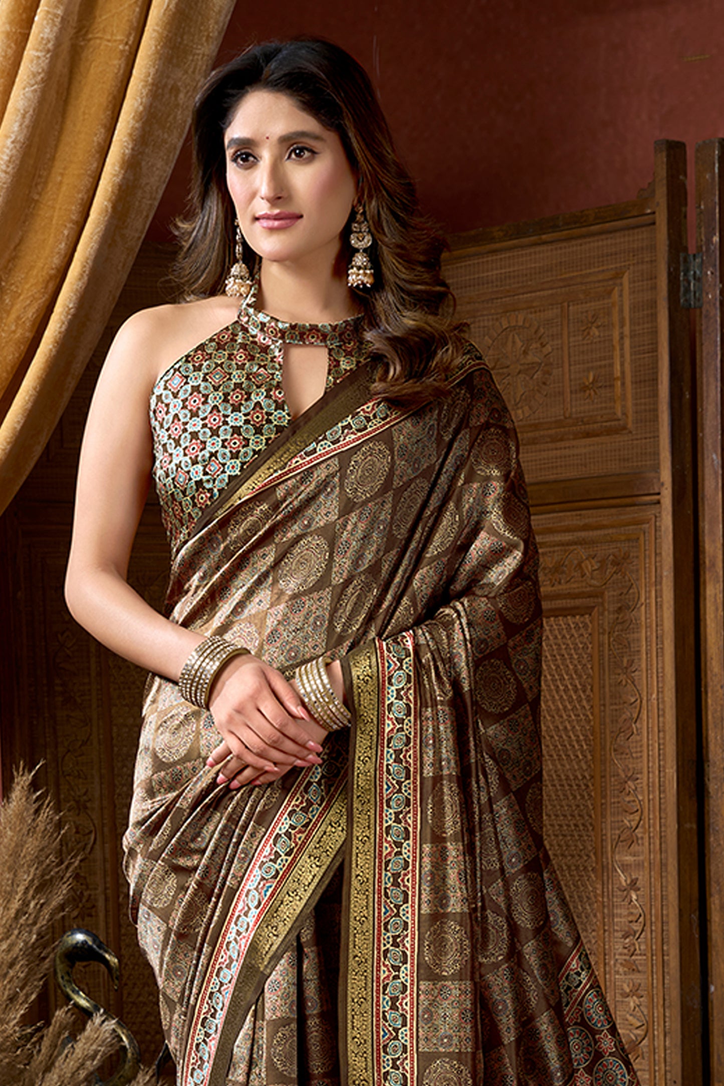 Brown Ajarakh Print Silk Saree-SAR12673_4_SareeButa.com