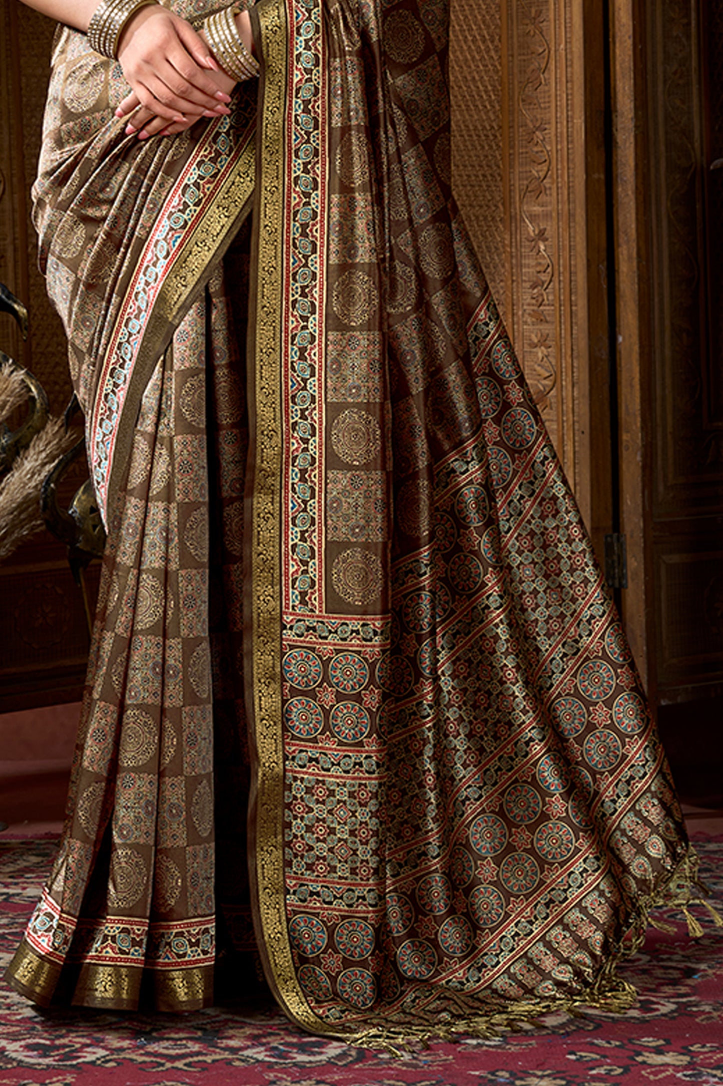 Brown Ajarakh Print Silk Saree-SAR12673_5_SareeButa.com