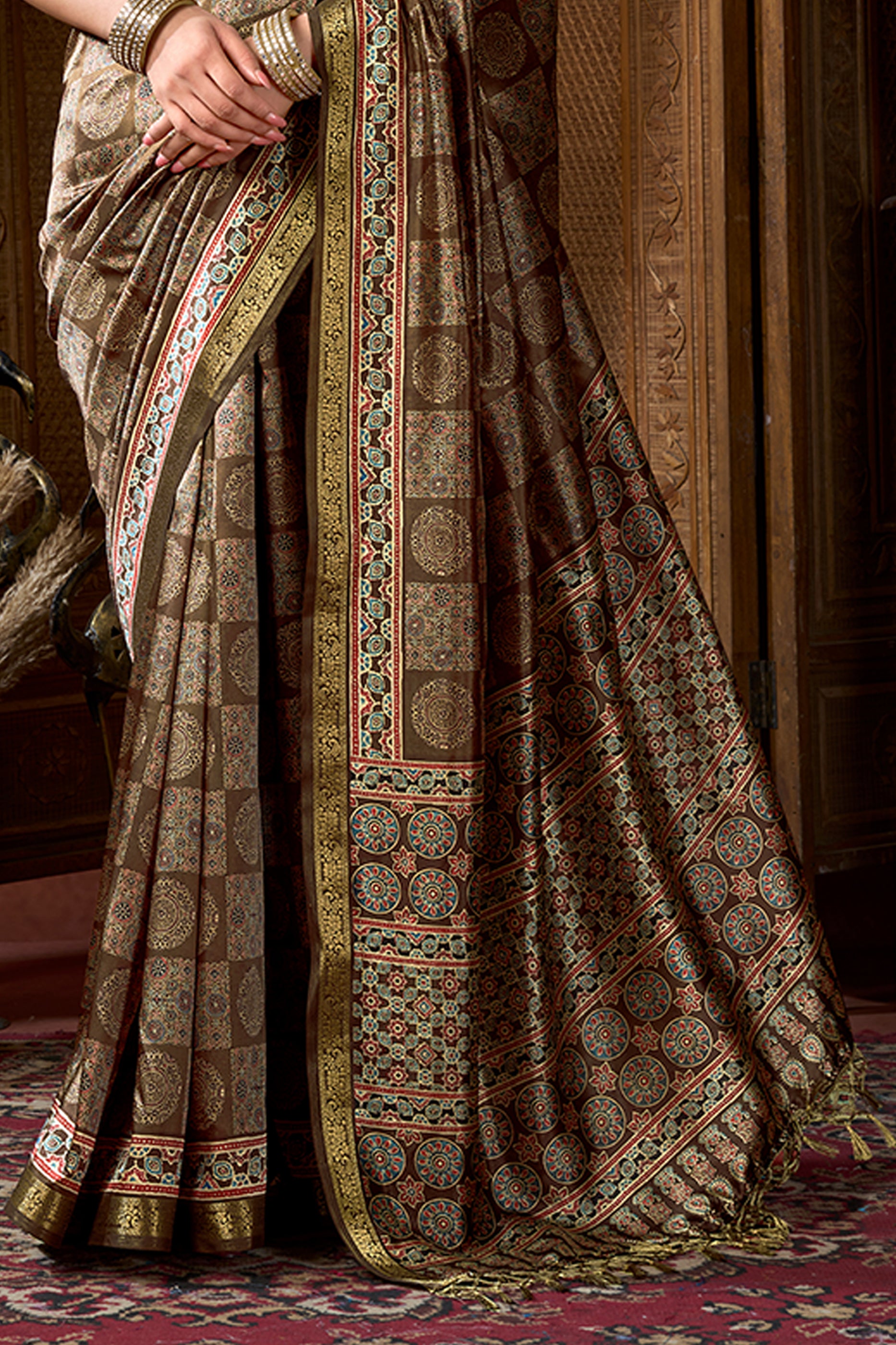Brown Ajarakh Print Silk Saree-SAR12673_5_SareeButa.com