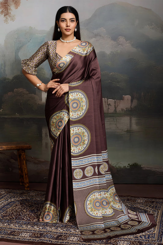 Brown Ajrakh Print Satin Saree-SAR11861_1_SareeButa.com