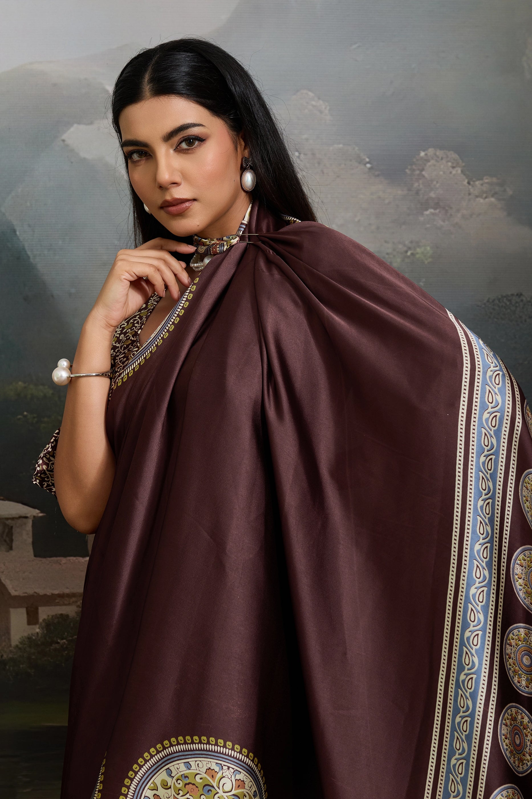 Brown Ajrakh Print Satin Saree-SAR11861_2_SareeButa.com