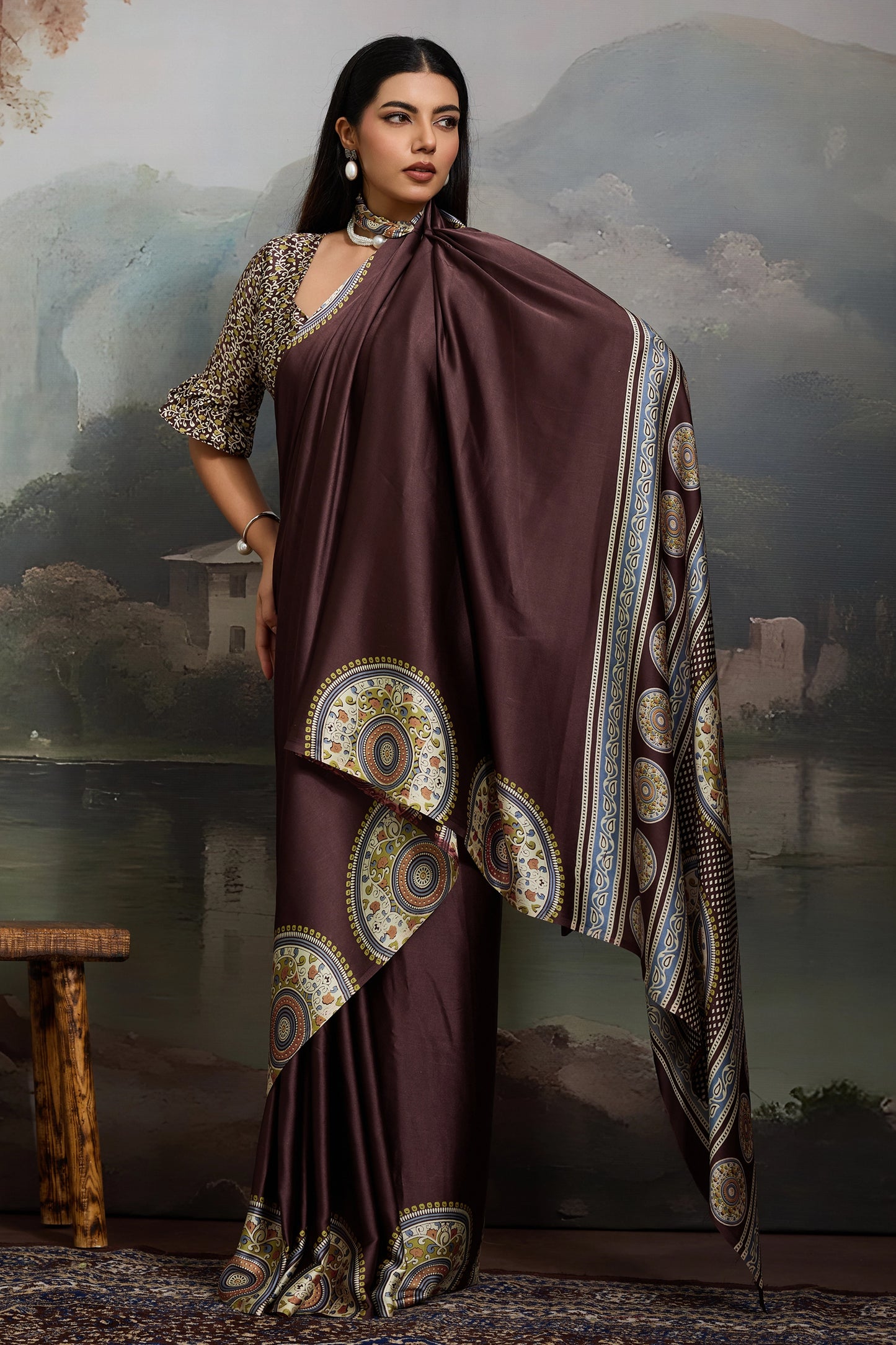 Brown Ajrakh Print Satin Saree-SAR11861_3_SareeButa.com