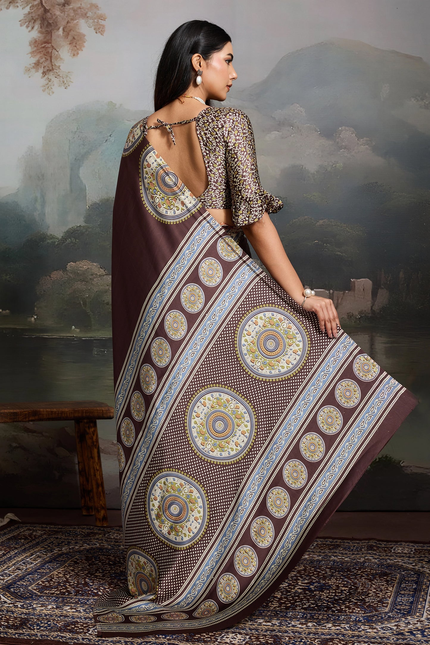 Brown Ajrakh Print Satin Saree-SAR11861_4_SareeButa.com