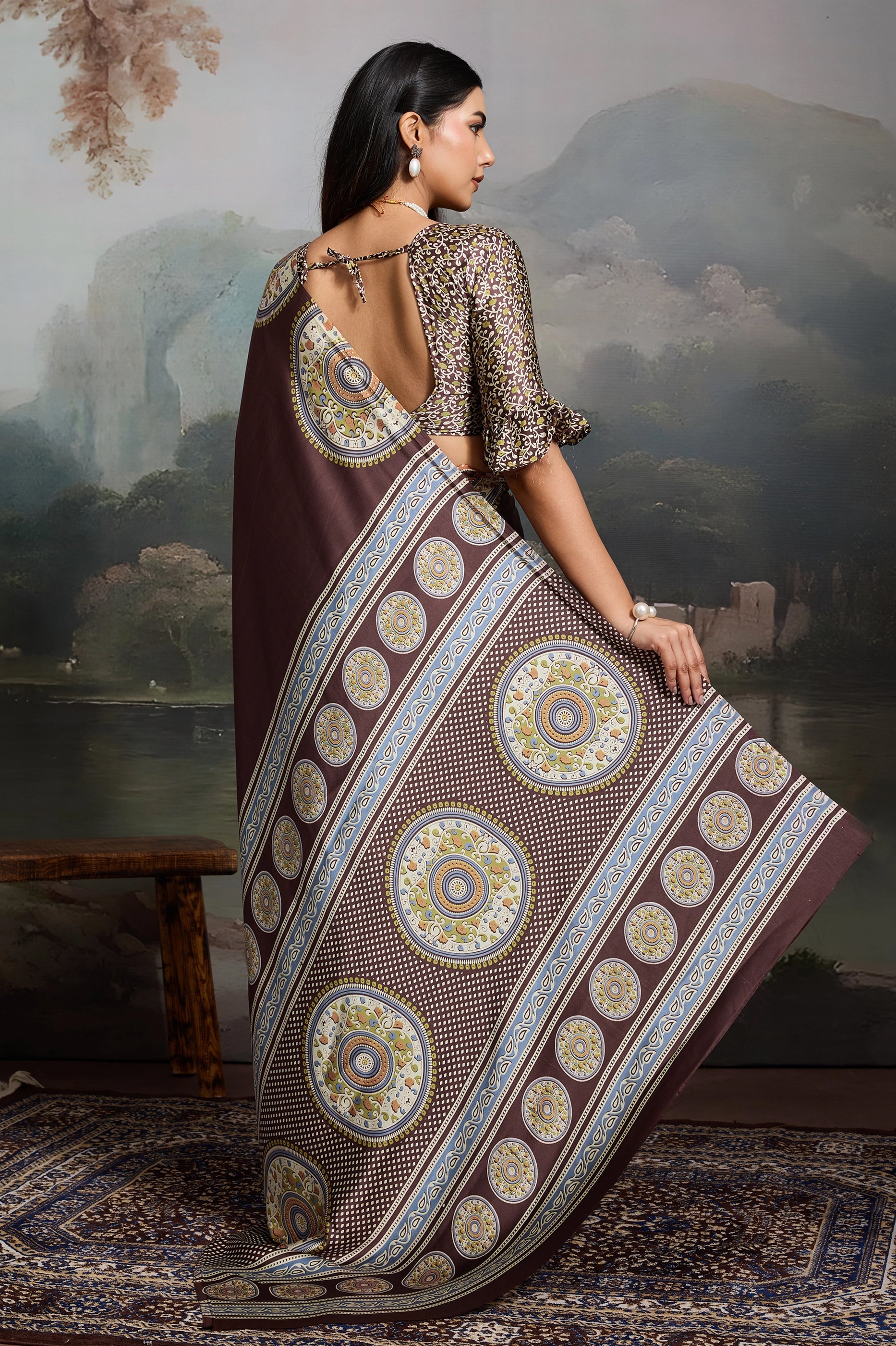 Brown Ajrakh Print Satin Saree-SAR11861_4_SareeButa.com