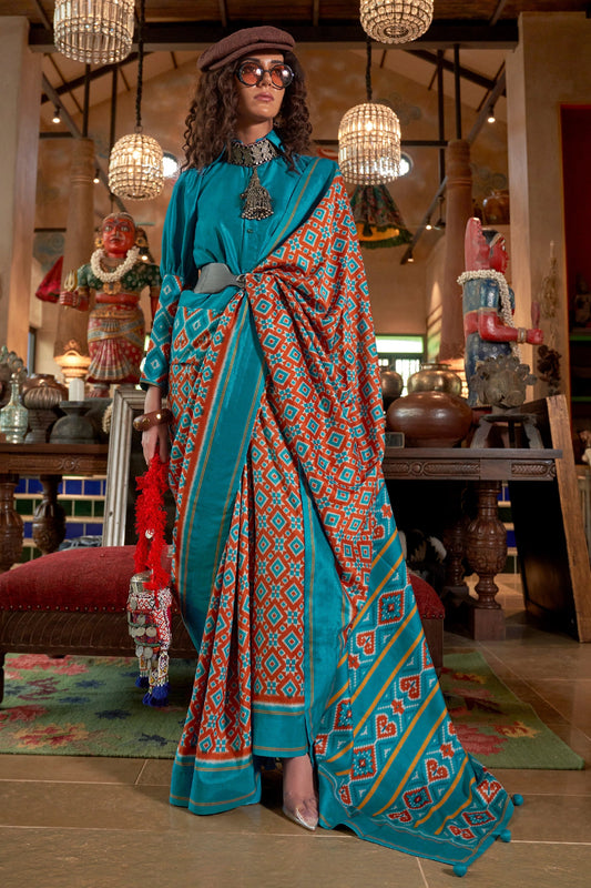 Brown And Blue Printed Silk Saree-SAR11327_1_SareeButa.com