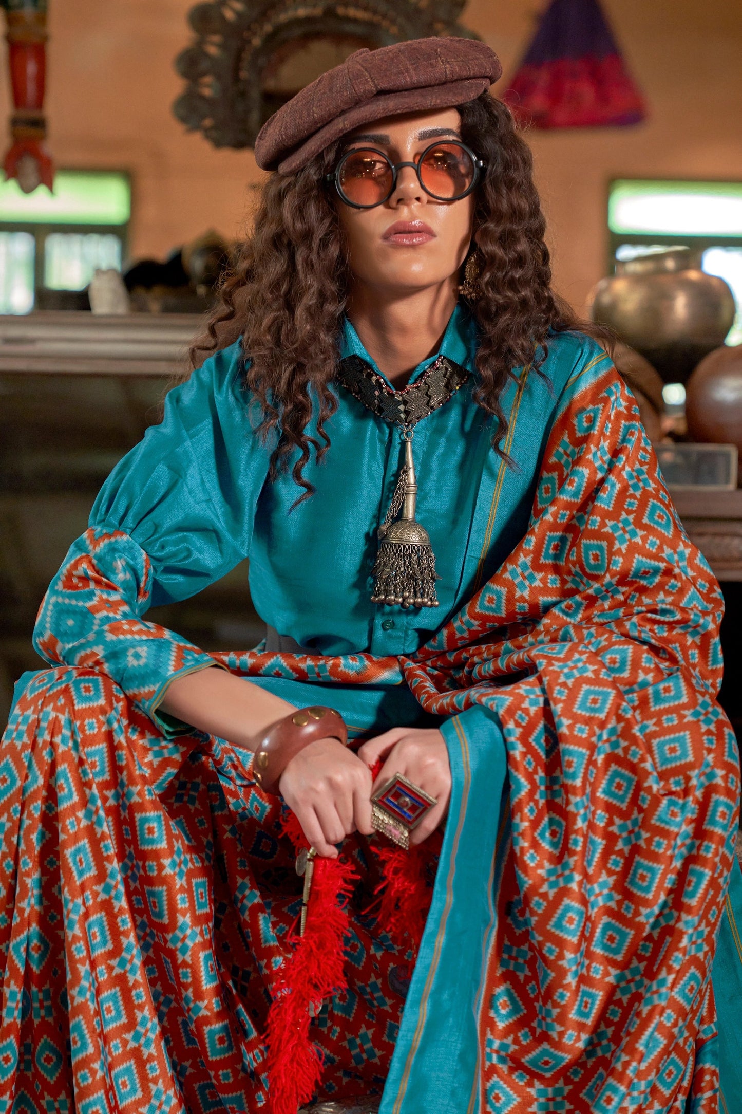 Brown And Blue Printed Silk Saree-SAR11327_2_SareeButa.com