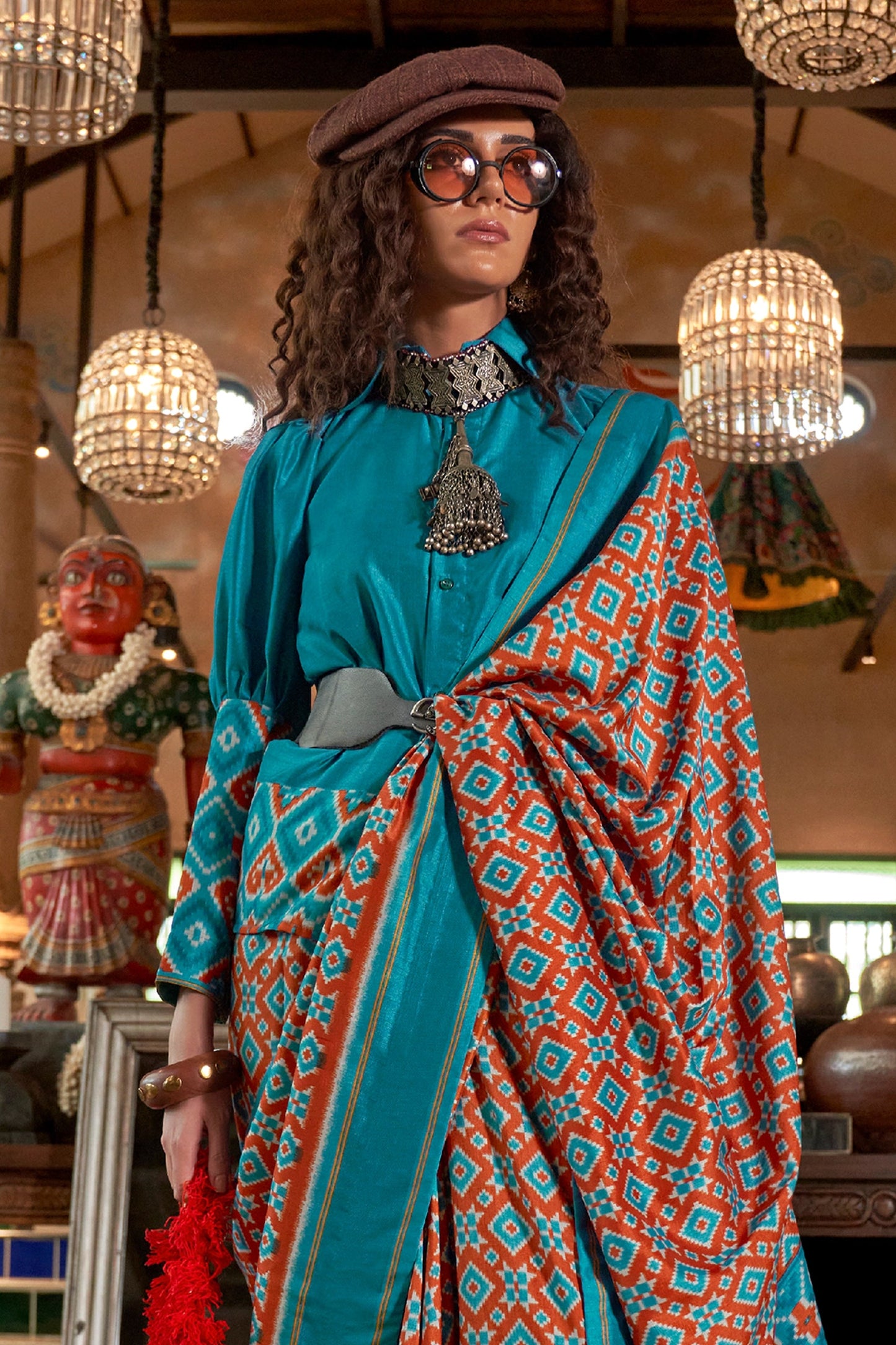 Brown And Blue Printed Silk Saree-SAR11327_3_SareeButa.com