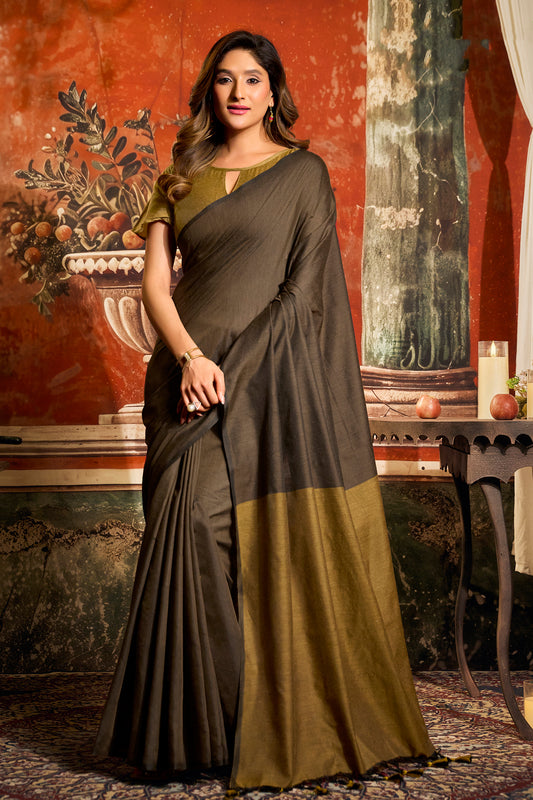 Brown Cotton Saree with Color Block Pallu-SAR12717_1_SareeButa.com