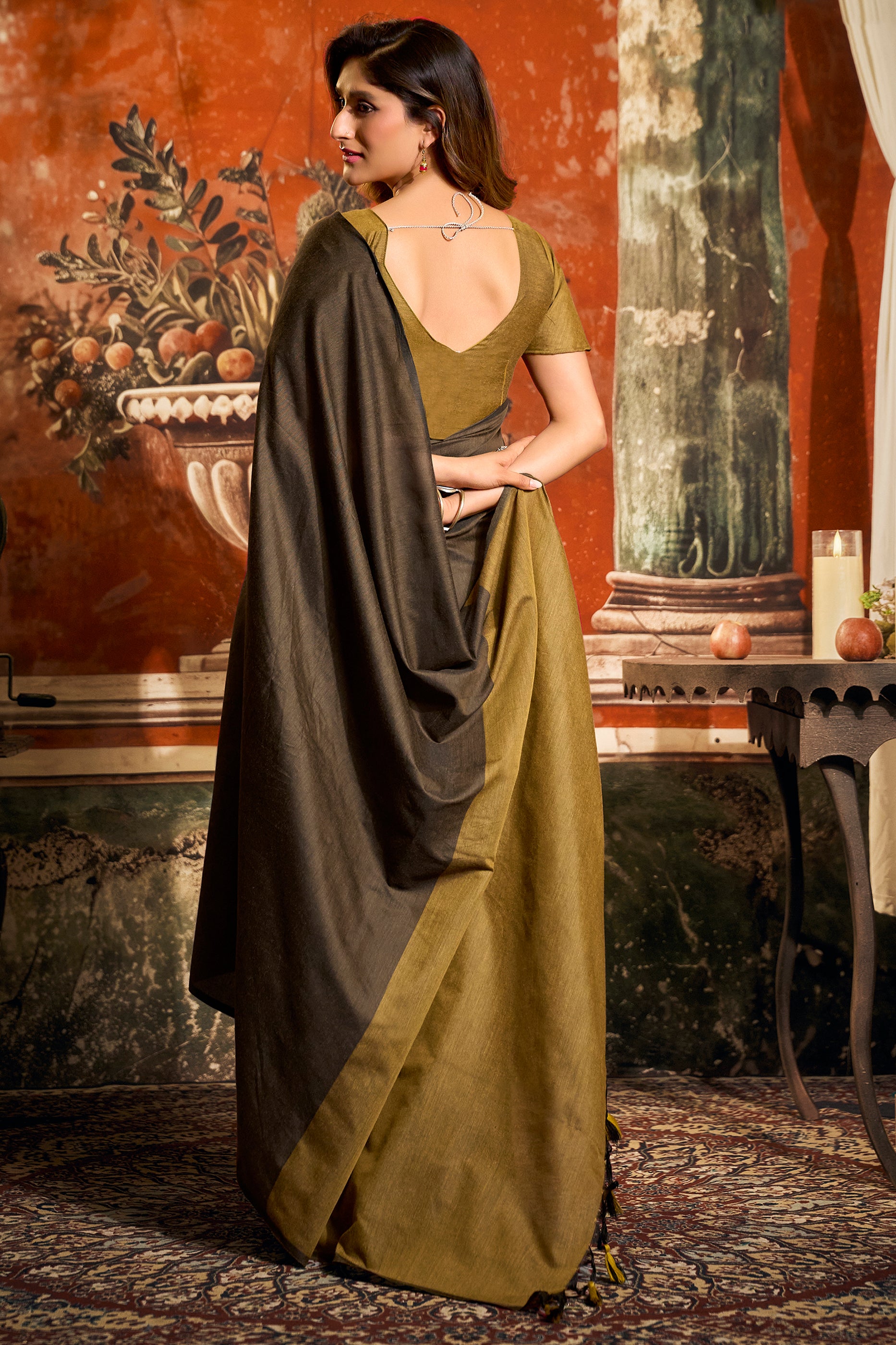 Brown Cotton Saree with Color Block Pallu-SAR12717_3_SareeButa.com