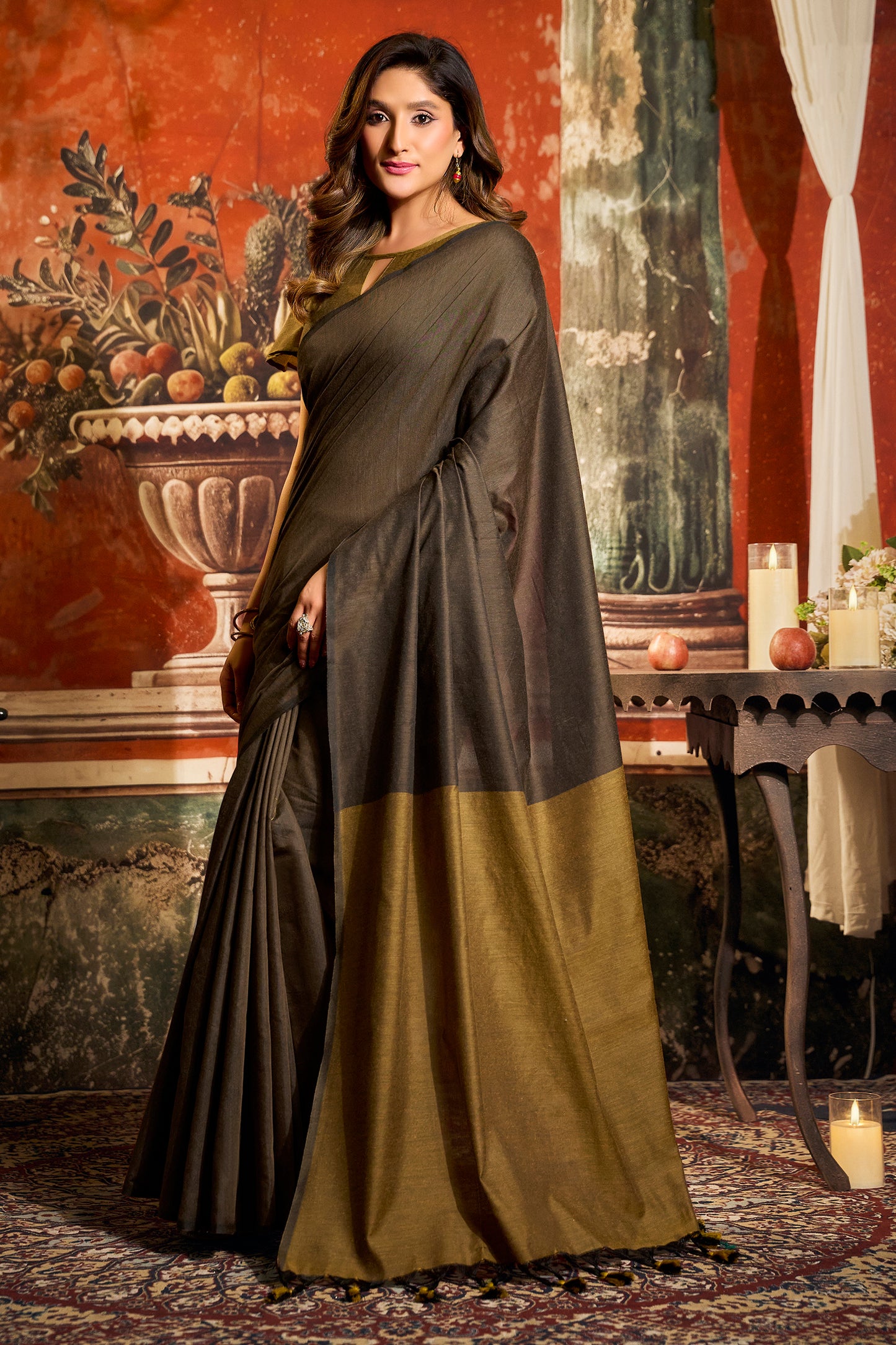 Brown Cotton Saree with Color Block Pallu-SAR12717_5_SareeButa.com