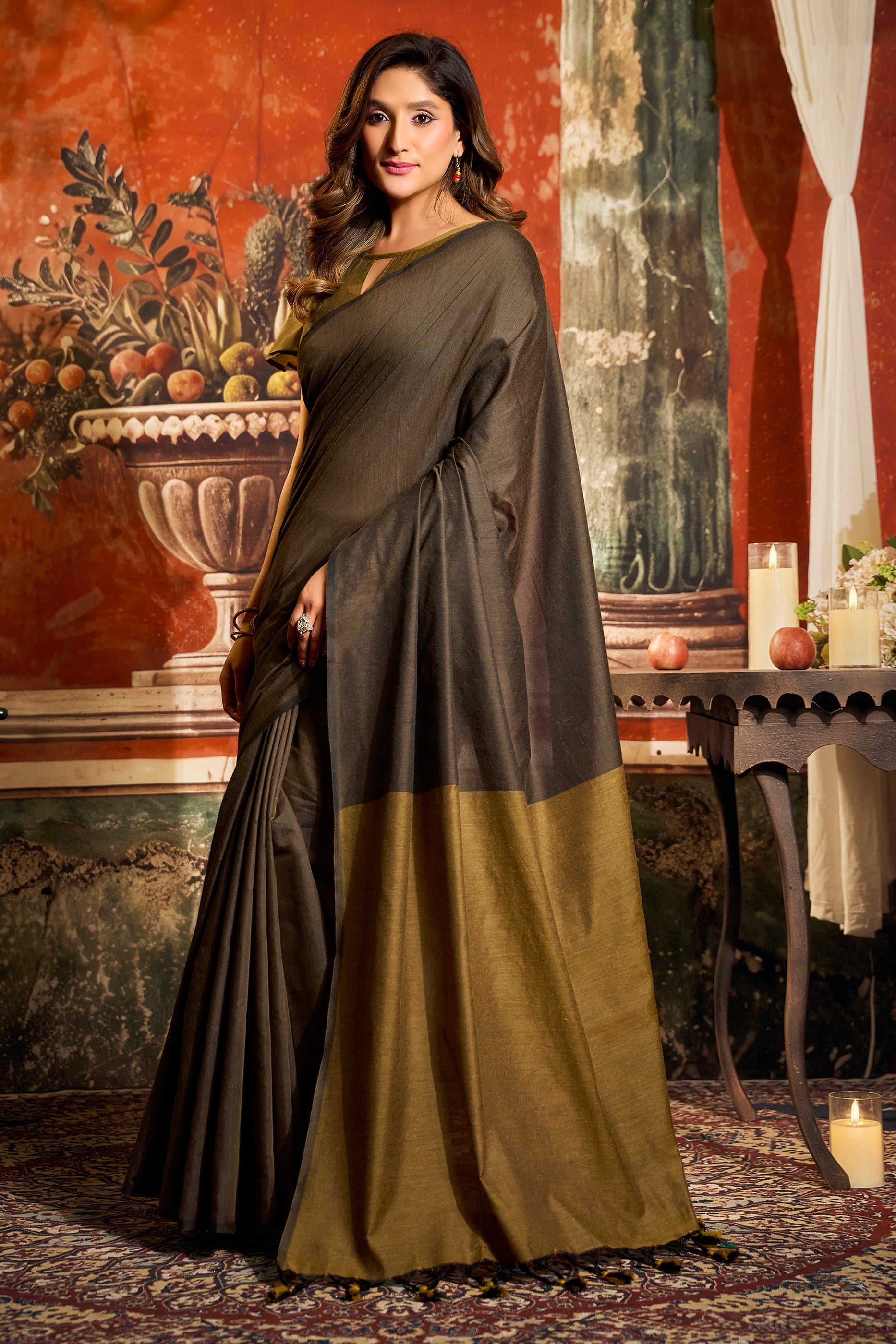 Brown Cotton Saree with Color Block Pallu-SAR12717_5_SareeButa.com