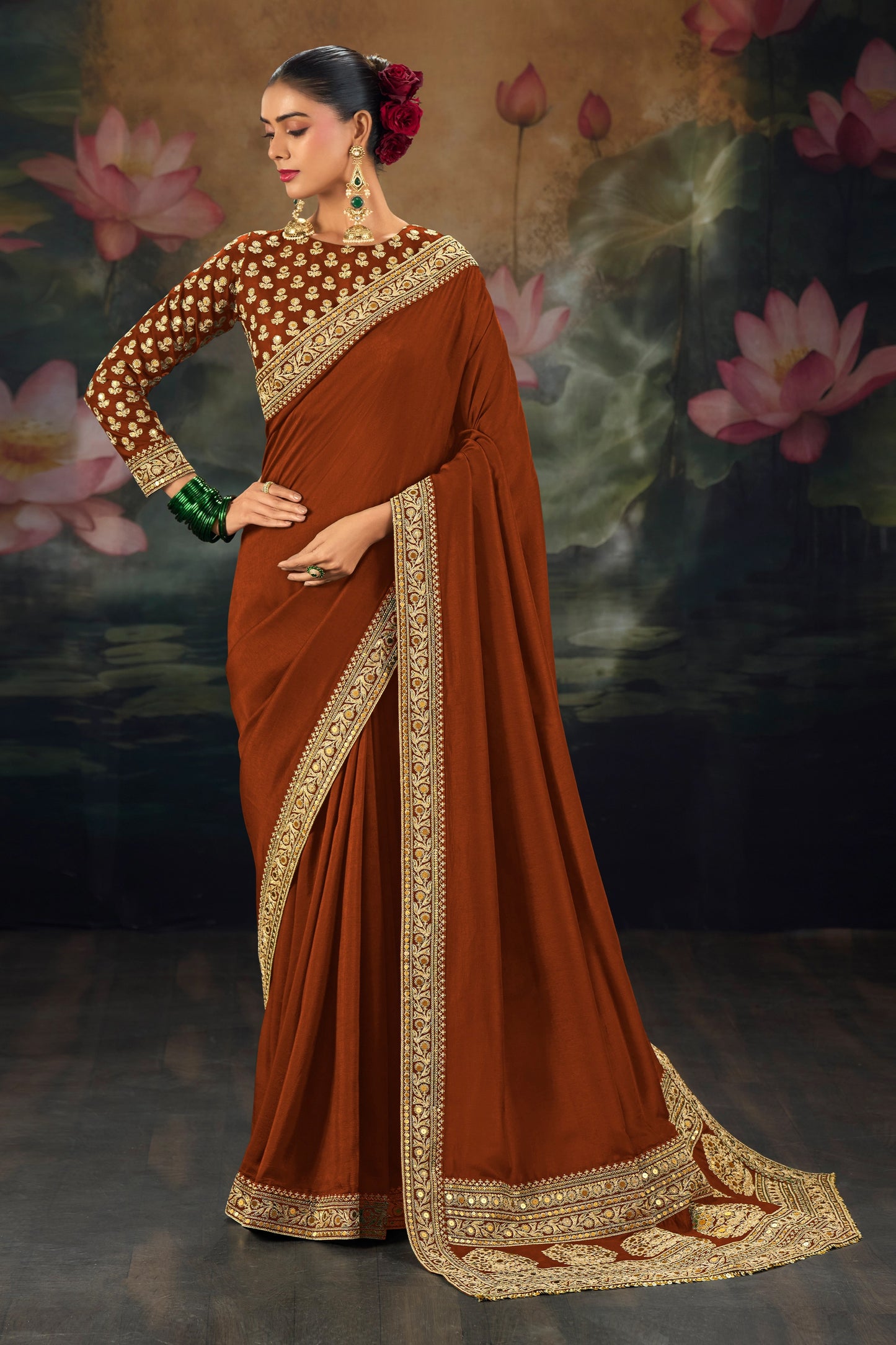 Brown Embroidered Munga Silk Saree-SAR12279_1_SareeButa.com