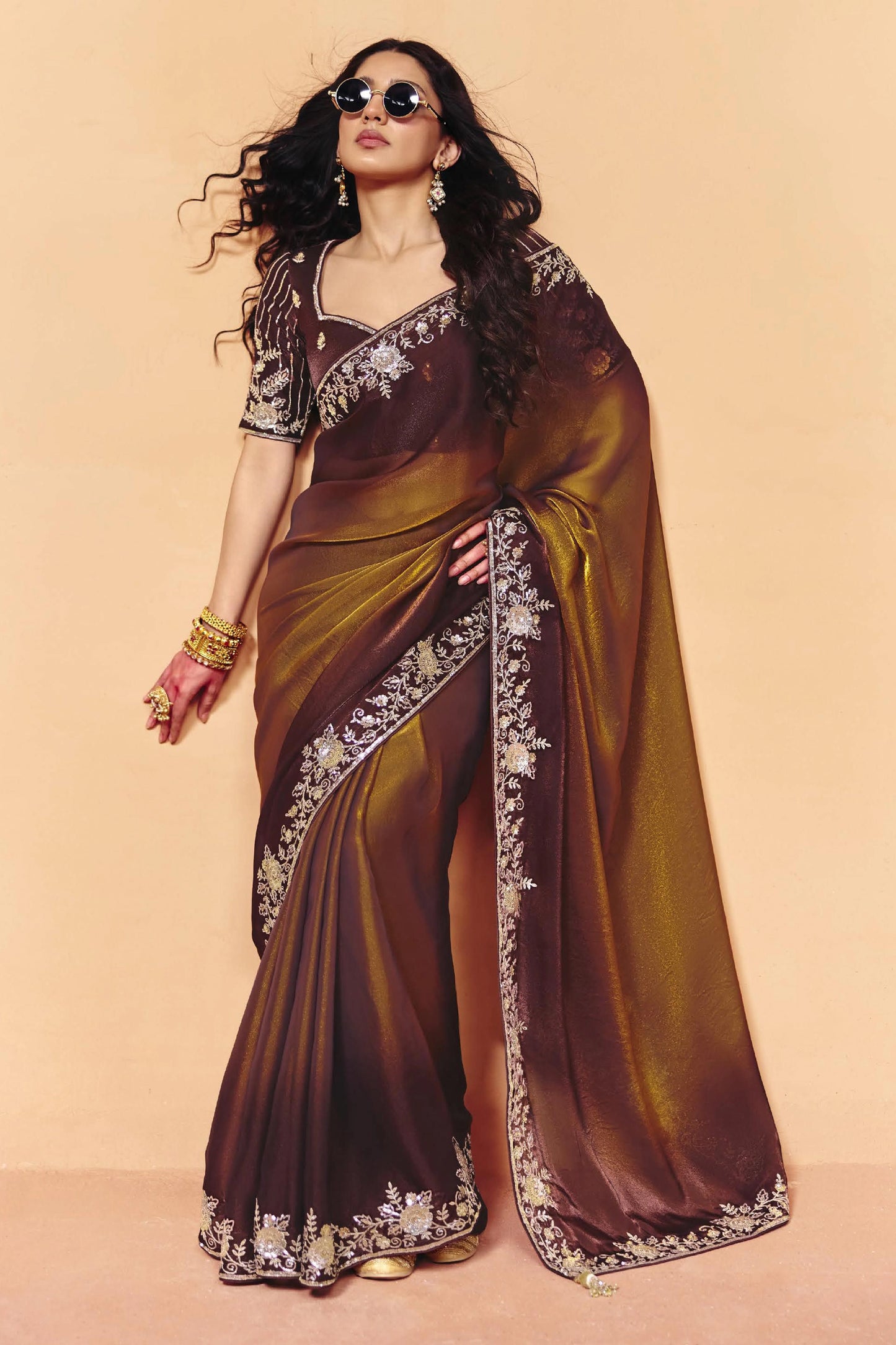Brown Embroidered Satin Organza Saree-SAR12268_1_SareeButa.com