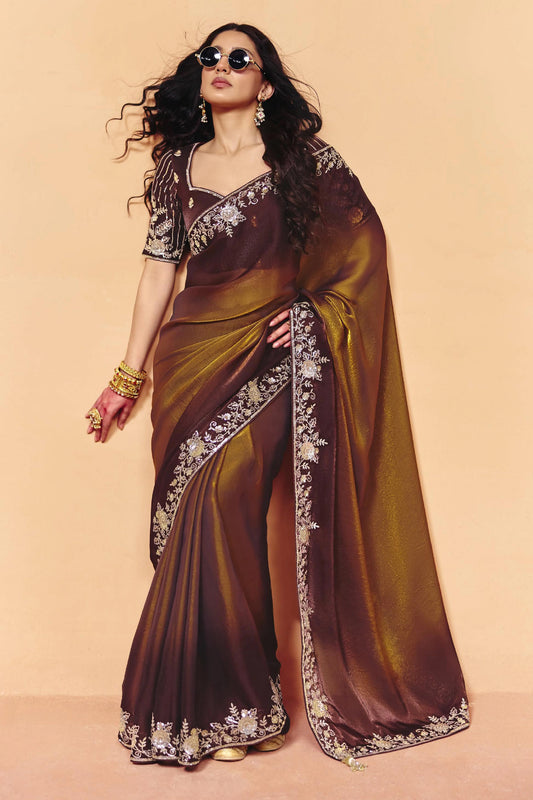 Brown Embroidered Satin Organza Saree-SAR12268_1_SareeButa.com