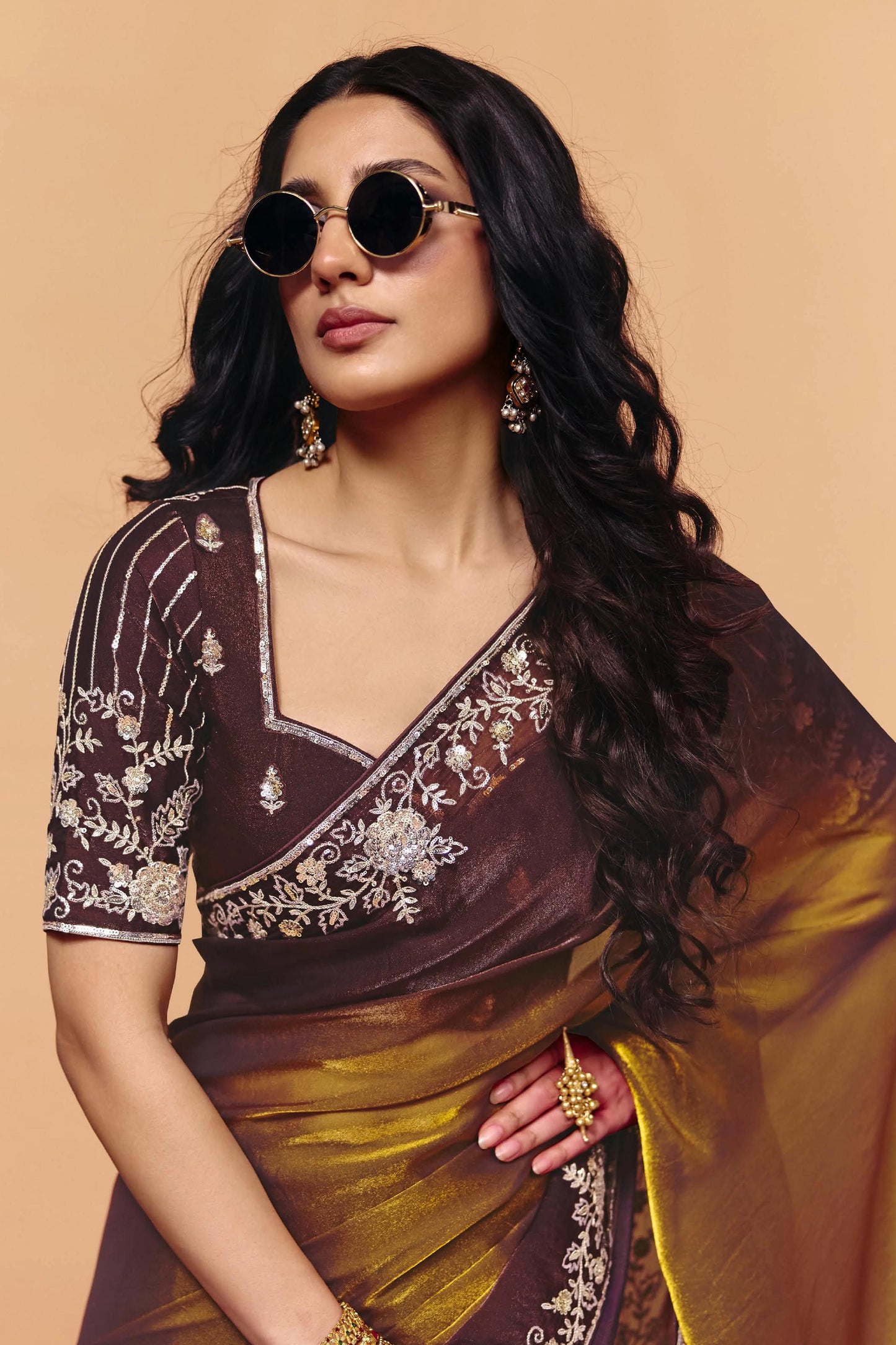 Brown Embroidered Satin Organza Saree-SAR12268_2_SareeButa.com