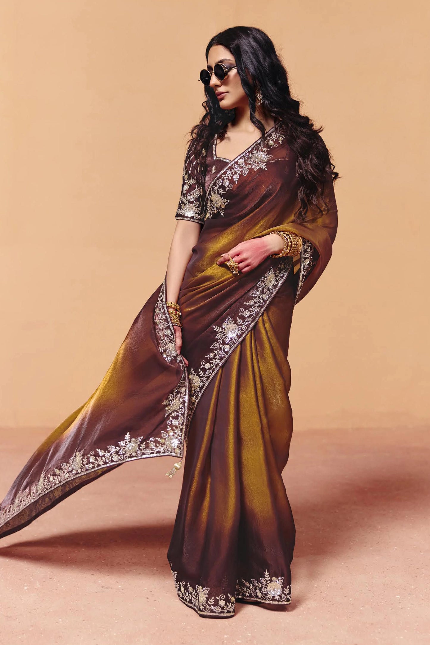 Brown Embroidered Satin Organza Saree-SAR12268_4_SareeButa.com