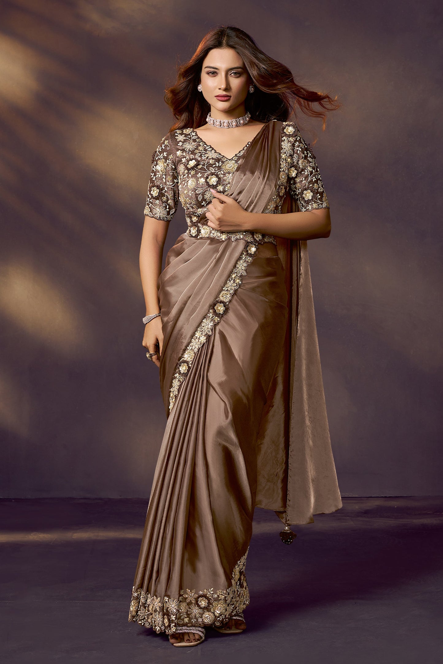 Brown Embroidered Silk Readymade Saree with Stitched Blouse-SAR10865_1_SareeButa.com