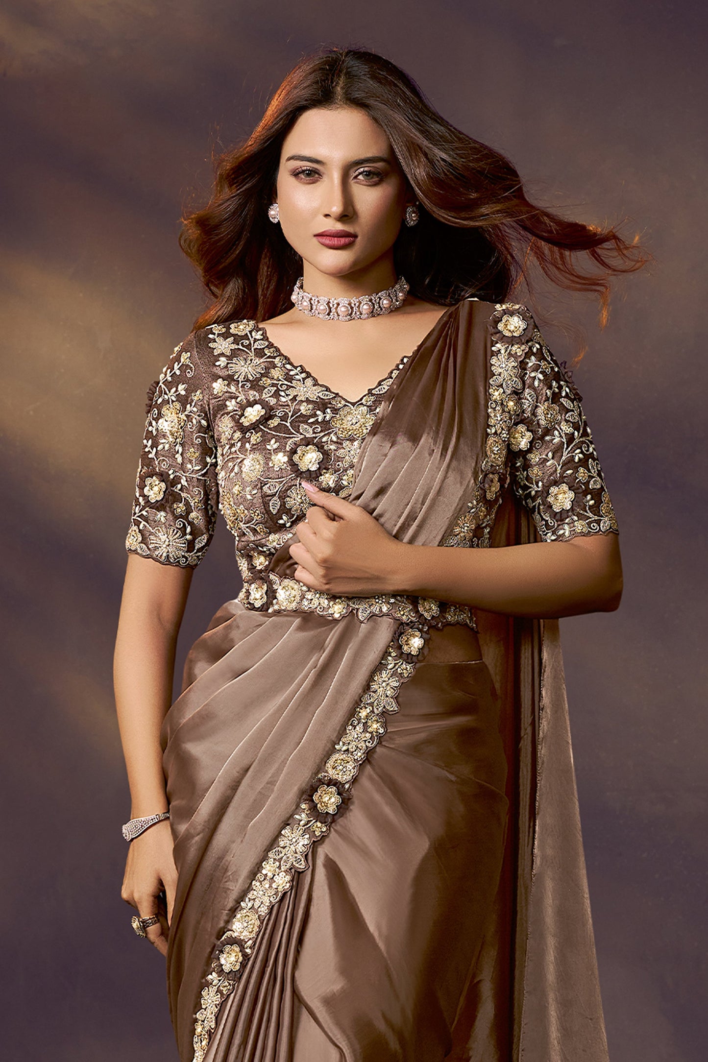 Brown Embroidered Silk Readymade Saree with Stitched Blouse-SAR10865_3_SareeButa.com