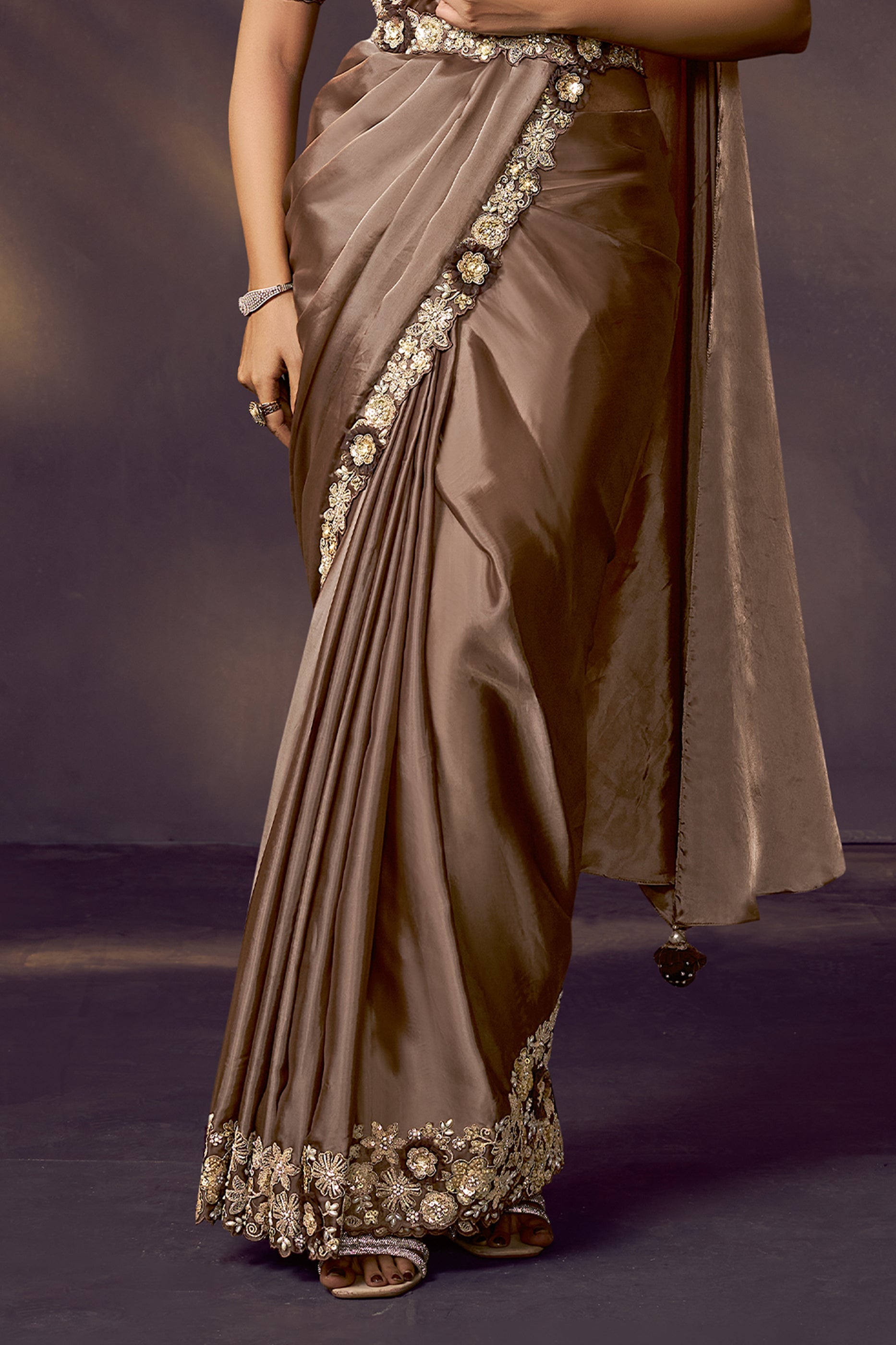 Brown Embroidered Silk Readymade Saree with Stitched Blouse-SAR10865_4_SareeButa.com