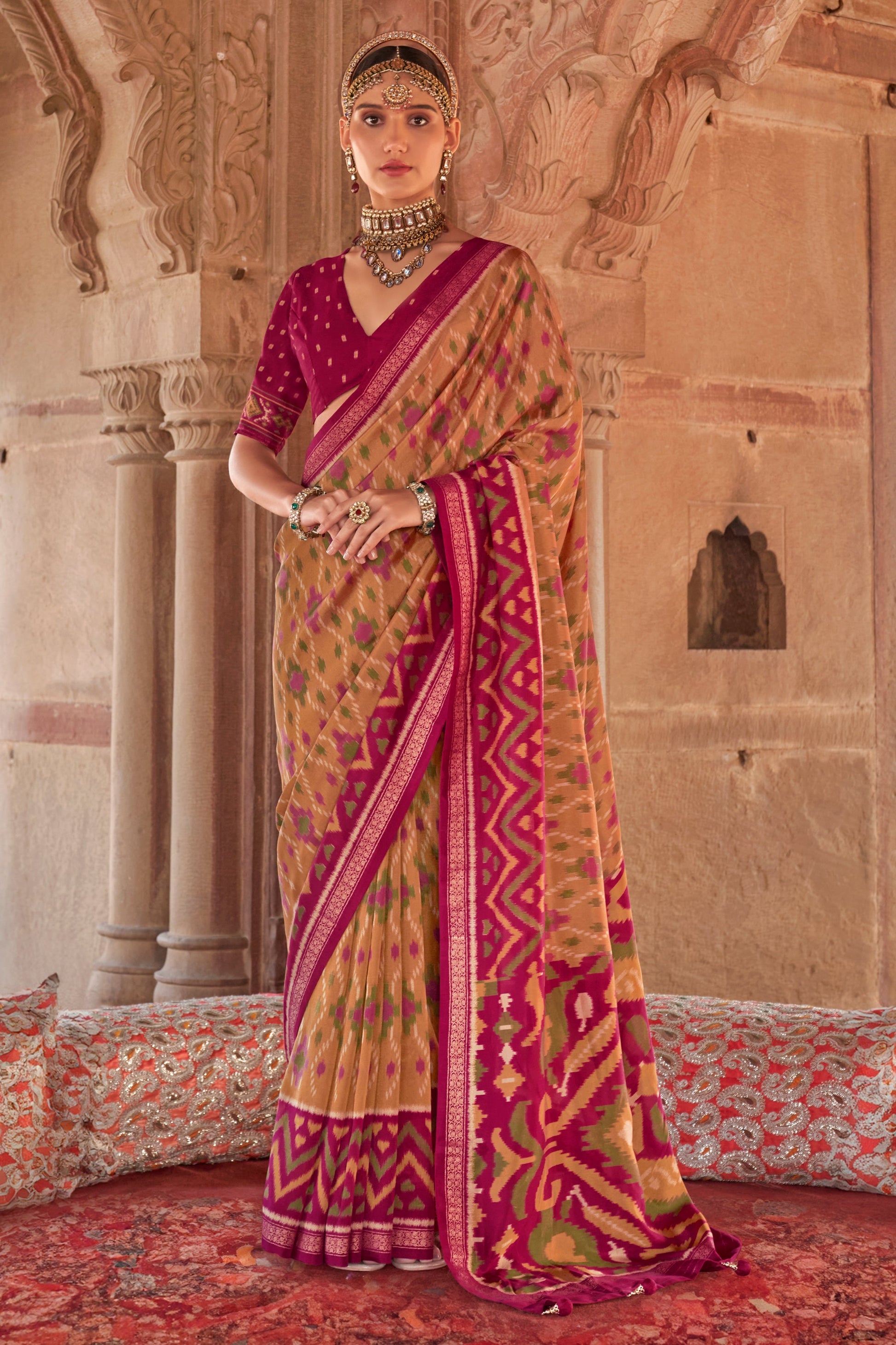 Mustard Yellow Georgette Patola Saree-ZB134182_1_SareeButa.com