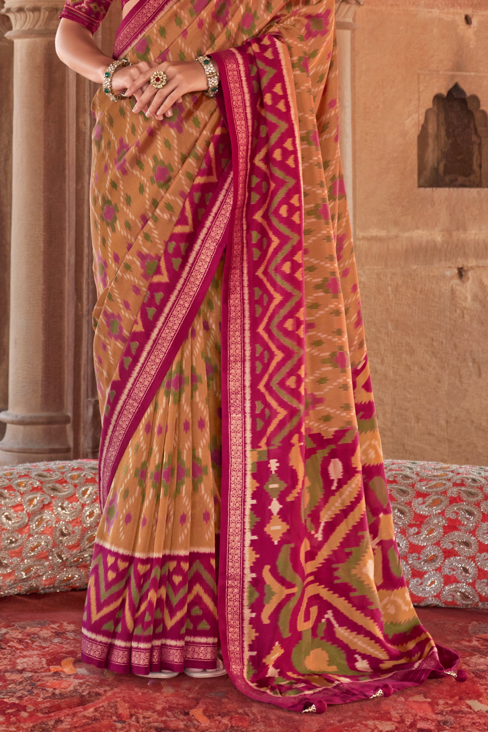 Mustard Yellow Georgette Patola Saree-ZB134182_4_SareeButa.com