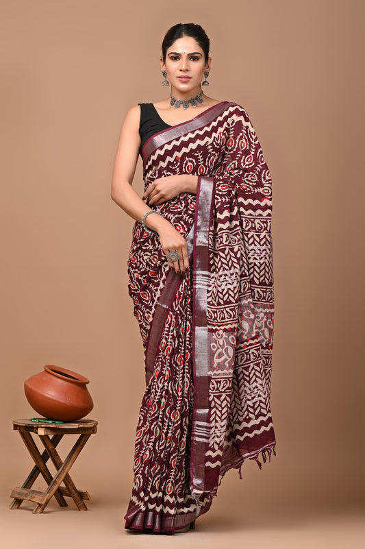 brown-handblock-print-cotton-linen-saree-zb132617_1_SareeButa.com