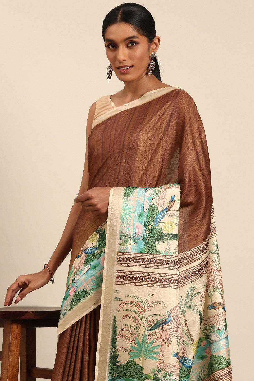 Brown Printed Cotton Saree-ZB133445_2_SareeButa.com