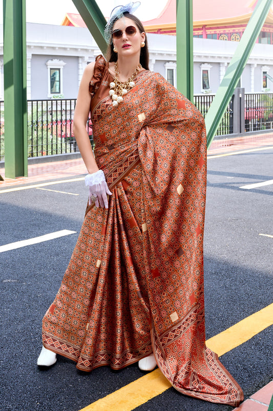 Brown Printed Satin Silk Saree-ZB133609_1_SareeButa.com