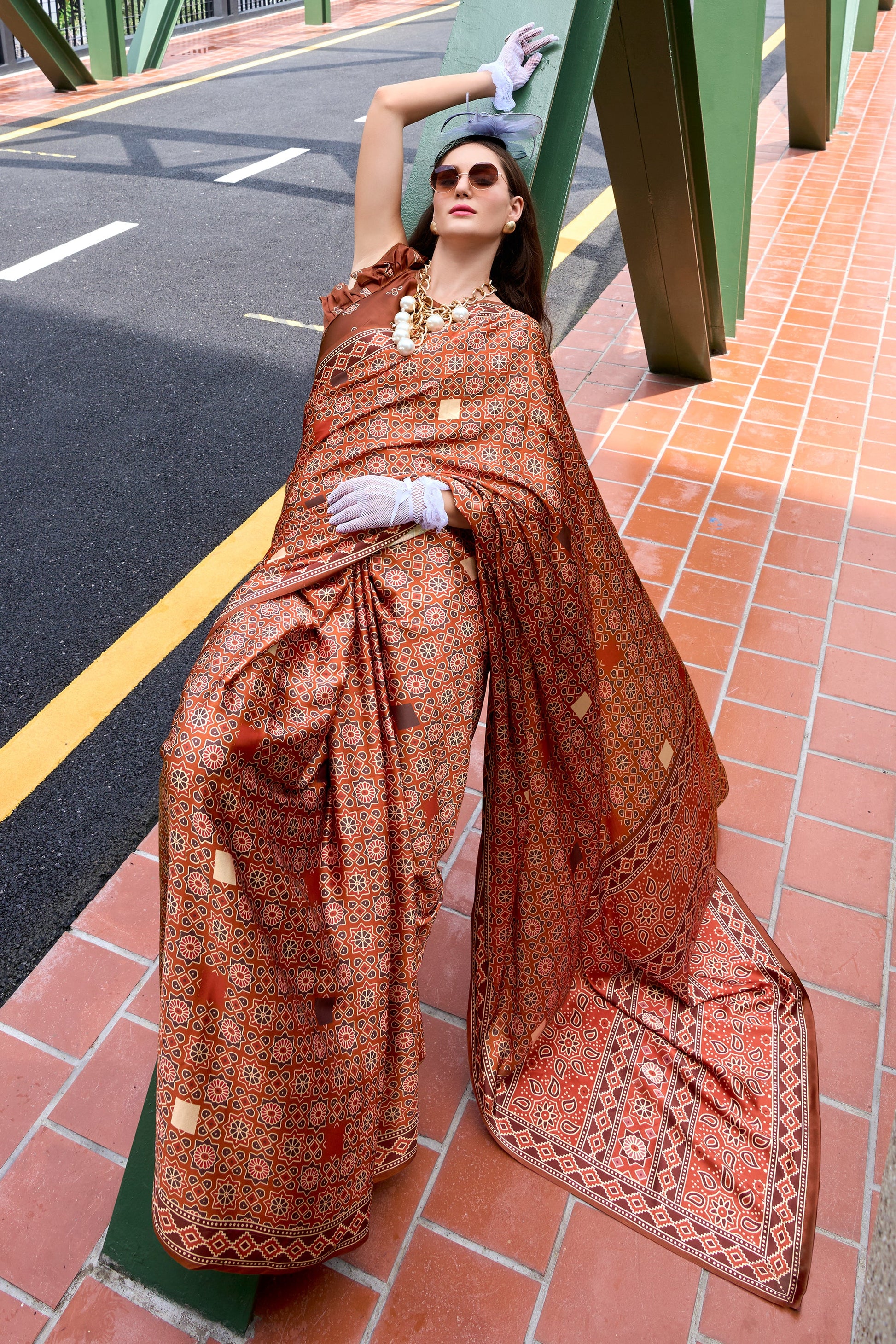 Brown Printed Satin Silk Saree-ZB133609_3_SareeButa.com