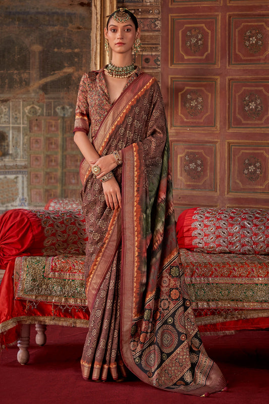 Brown Printed Silk Saree-SAR10110_1_SareeButa.com