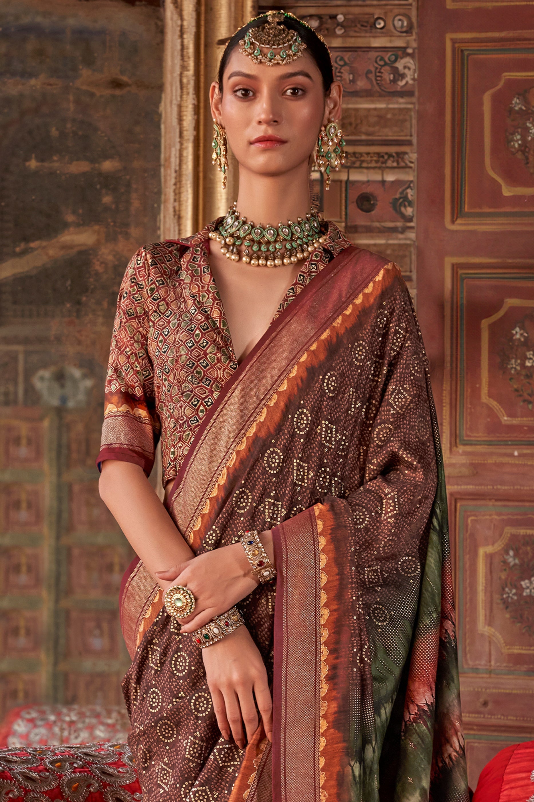 Brown Printed Silk Saree-SAR10110_3_SareeButa.com