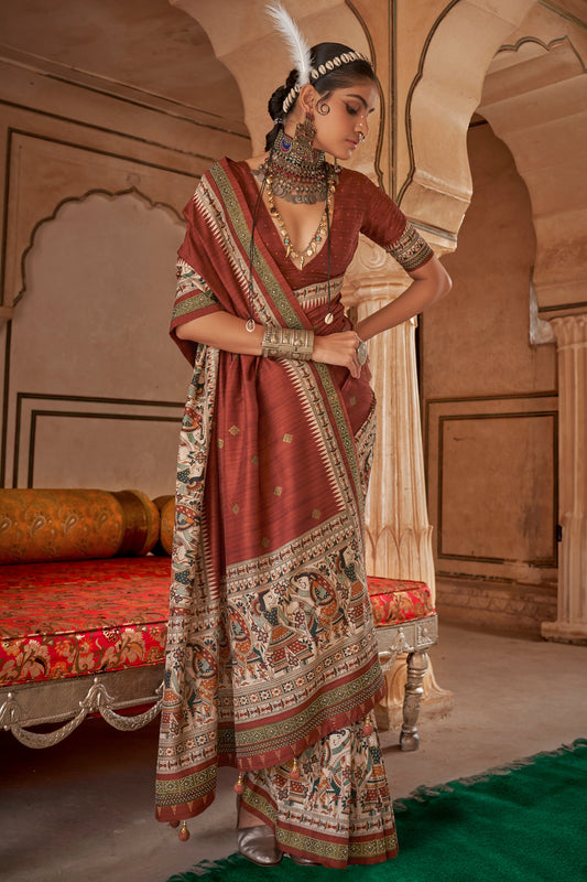 Brown Printed Viscose Silk Saree-SAR10080_1_SareeButa.com