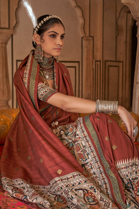Brown Printed Viscose Silk Saree-SAR10080_2_SareeButa.com