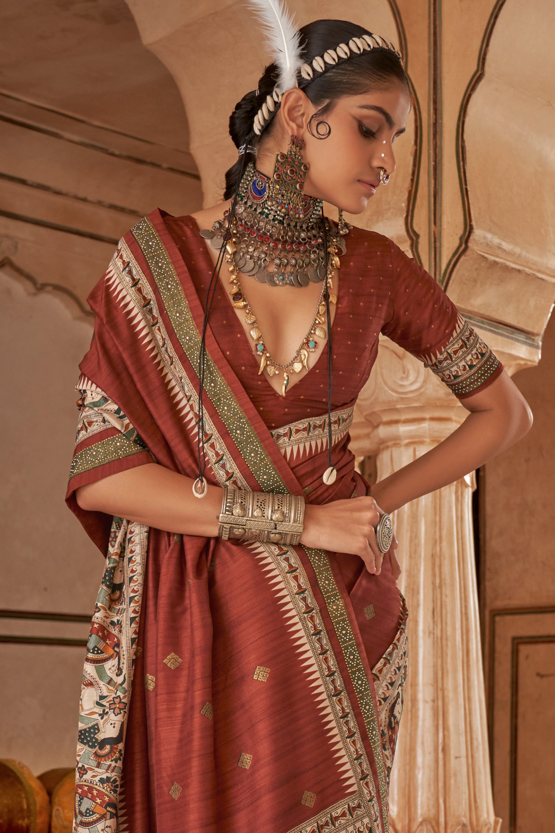 Brown Printed Viscose Silk Saree-SAR10080_3_SareeButa.com