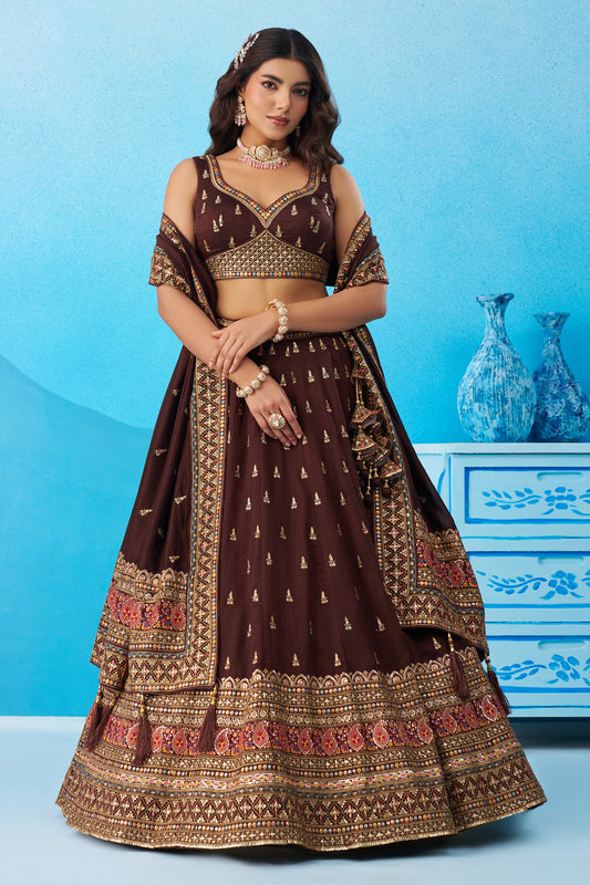 Brown Readymade Embroidered Chinon Silk Lehenga-SAR12870_1_SareeButa.com