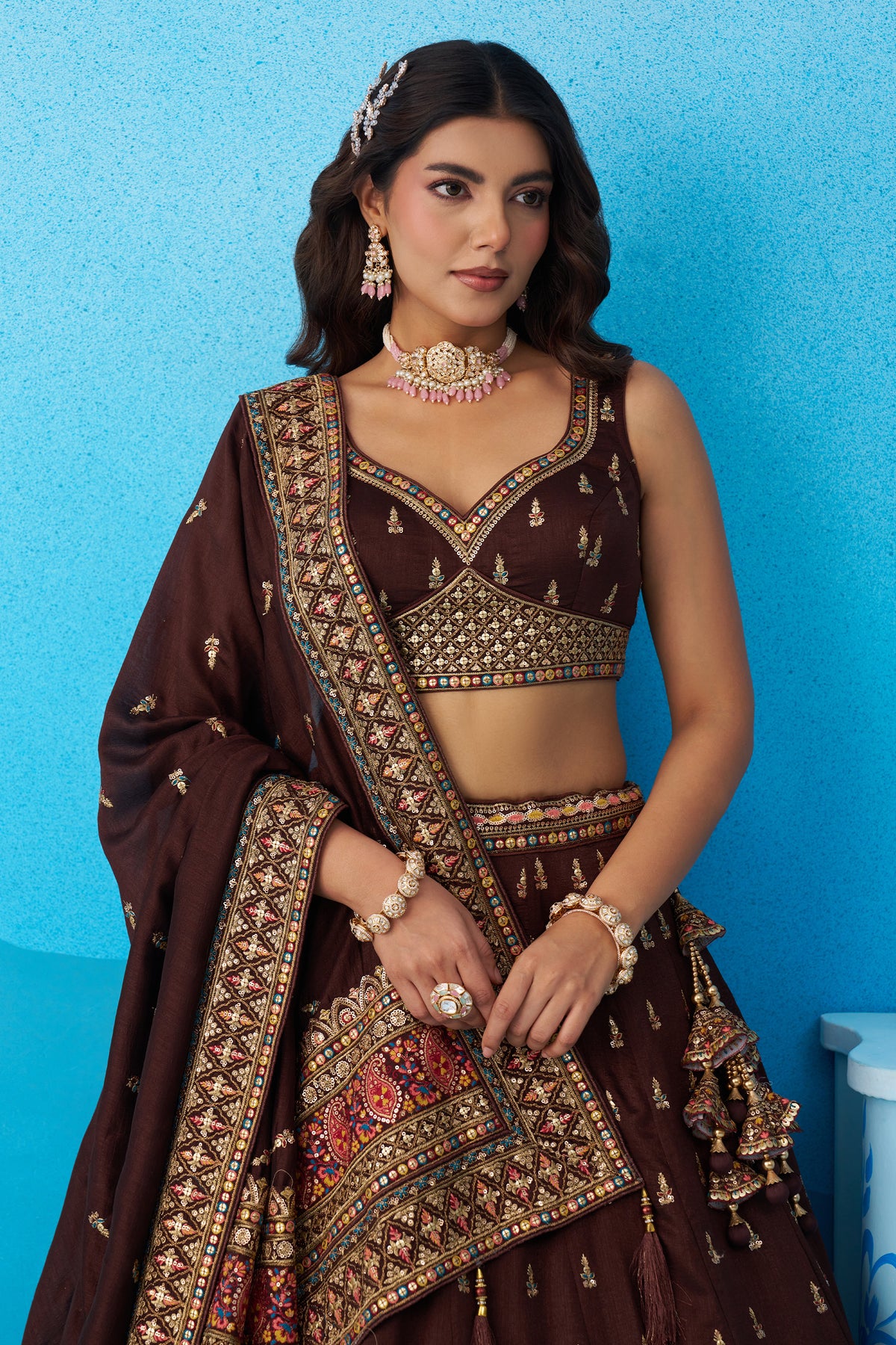 Brown Readymade Embroidered Chinon Silk Lehenga-SAR12870_2_SareeButa.com
