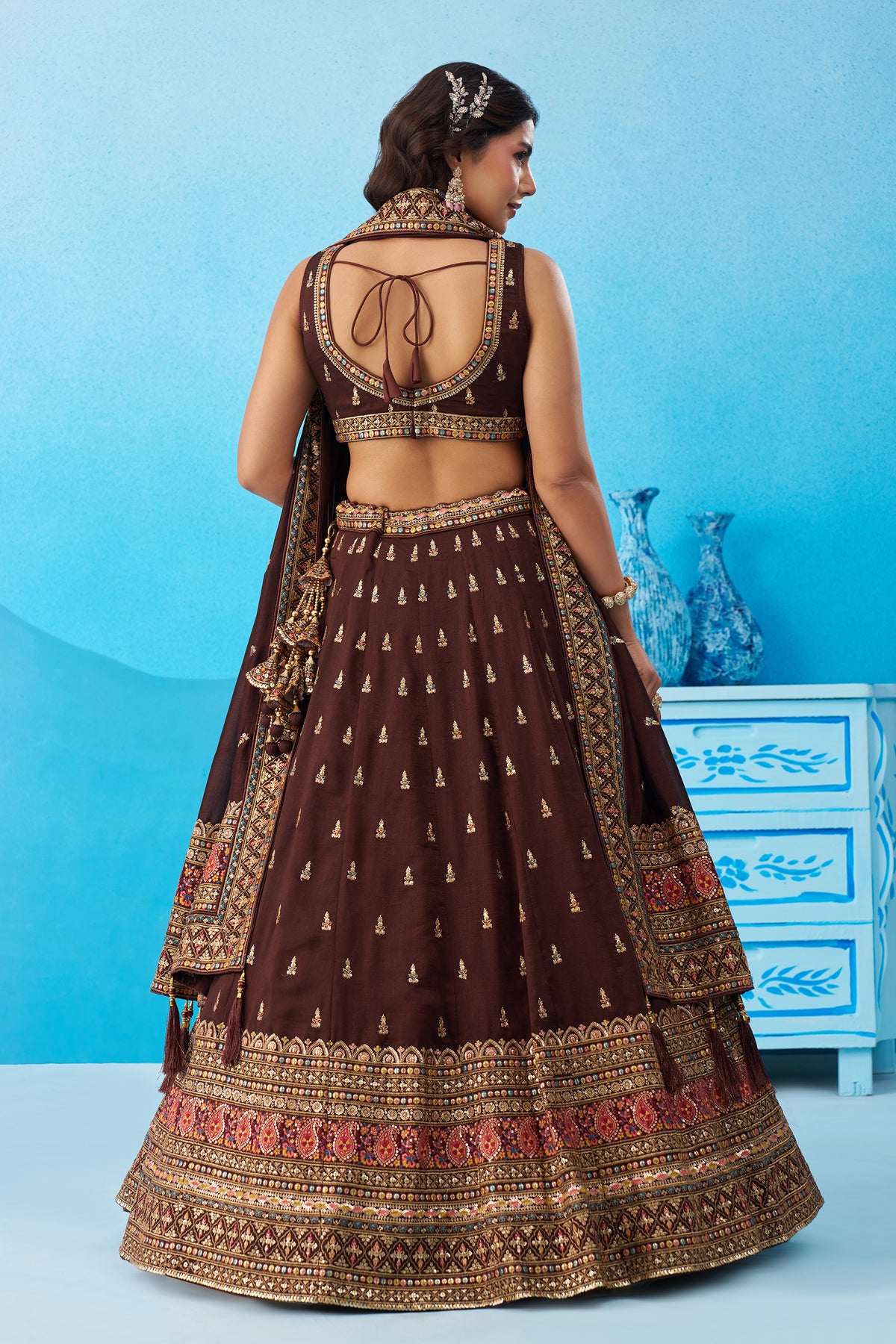 Brown Readymade Embroidered Chinon Silk Lehenga-SAR12870_3_SareeButa.com