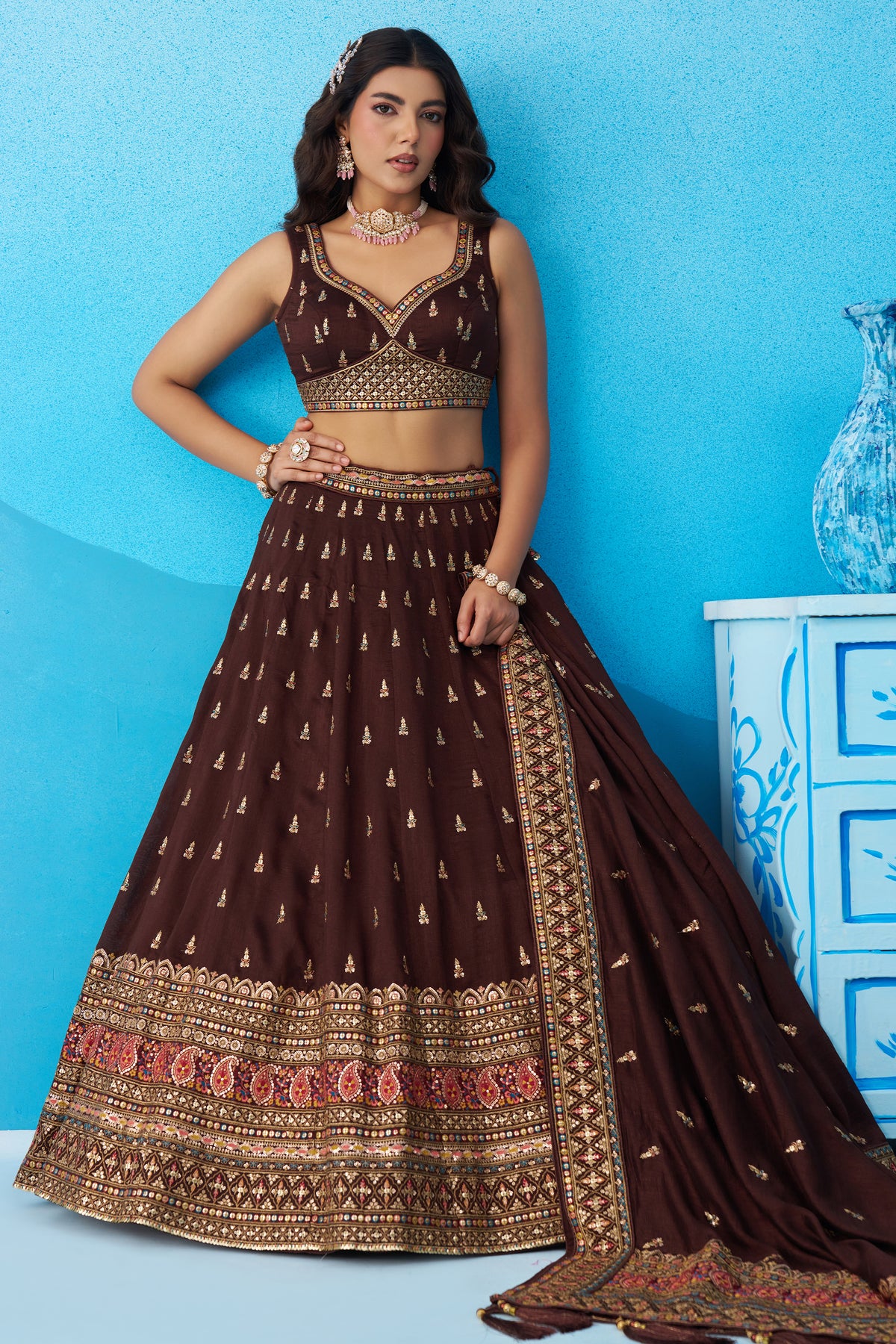 Brown Readymade Embroidered Chinon Silk Lehenga-SAR12870_4_SareeButa.com