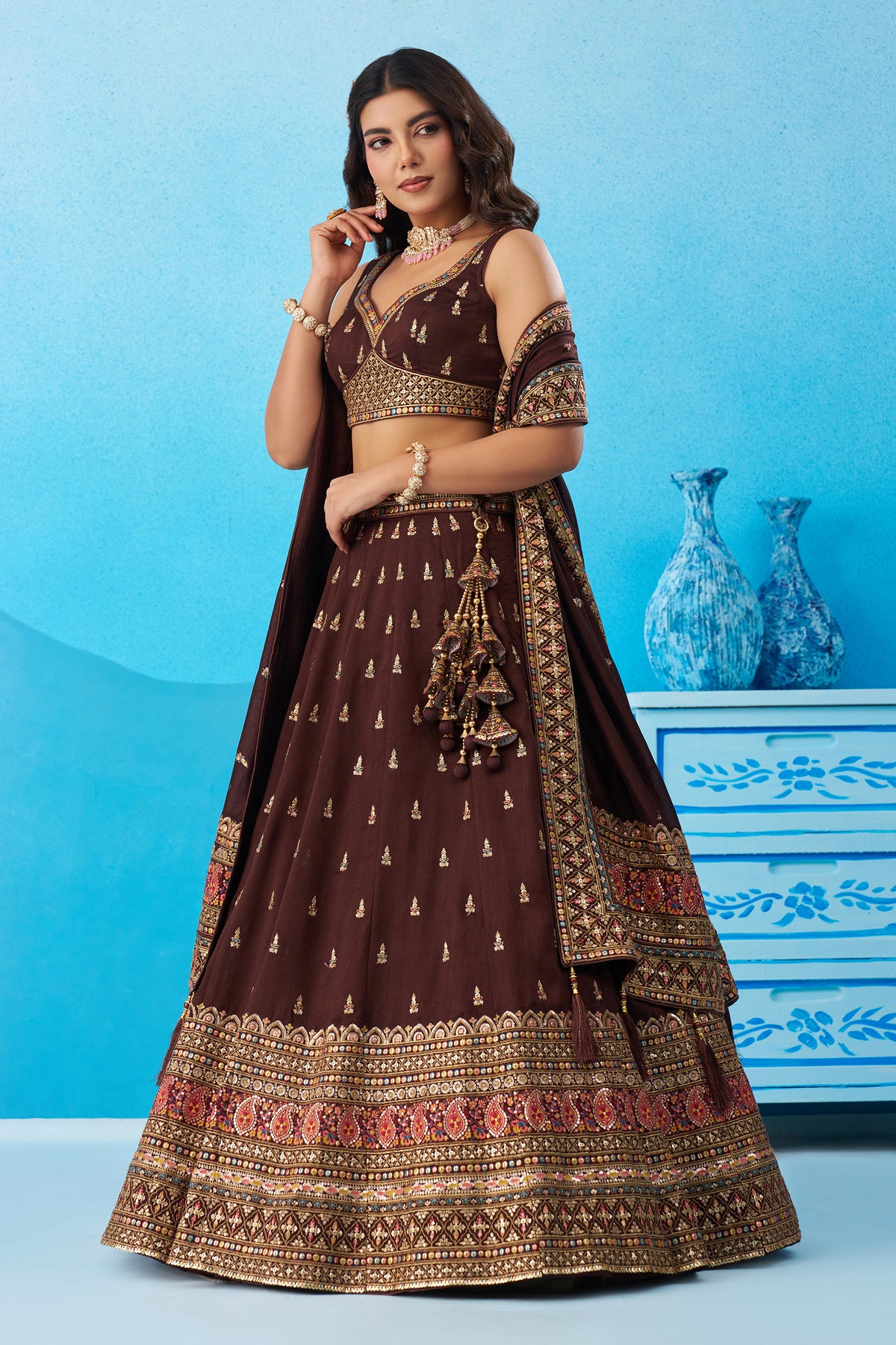 Brown Readymade Embroidered Chinon Silk Lehenga-SAR12870_5_SareeButa.com