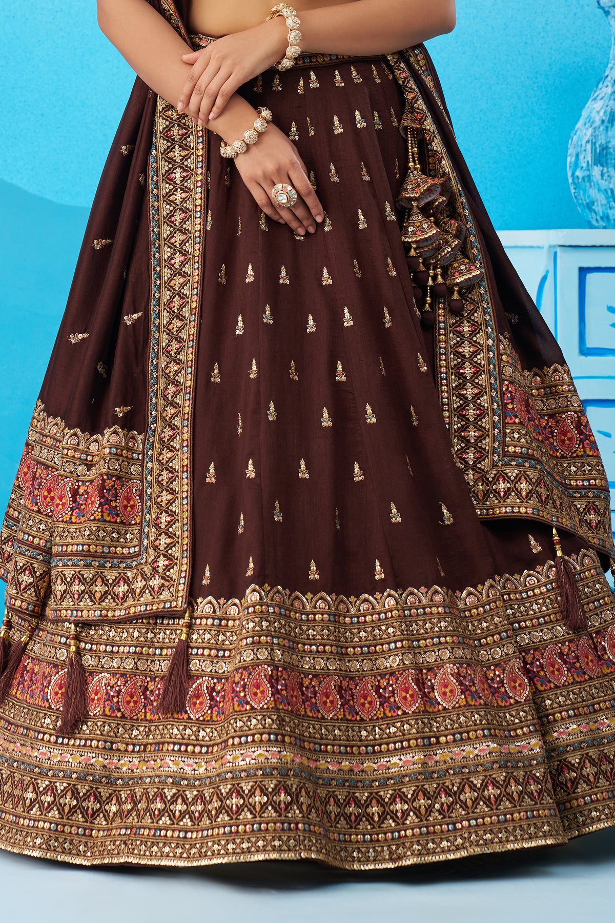 Brown Readymade Embroidered Chinon Silk Lehenga-SAR12870_6_SareeButa.com