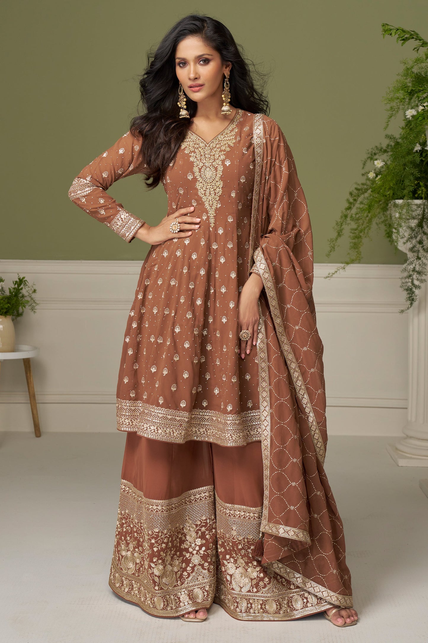 Brown Readymade Embroidered Georgette Suit-SAR11549_1_SareeButa.com