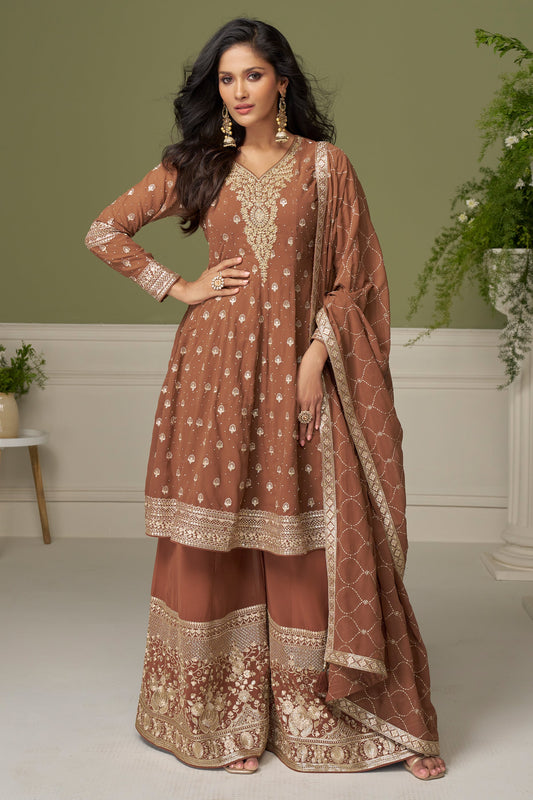 Brown Readymade Embroidered Georgette Suit-SAR11549_1_SareeButa.com
