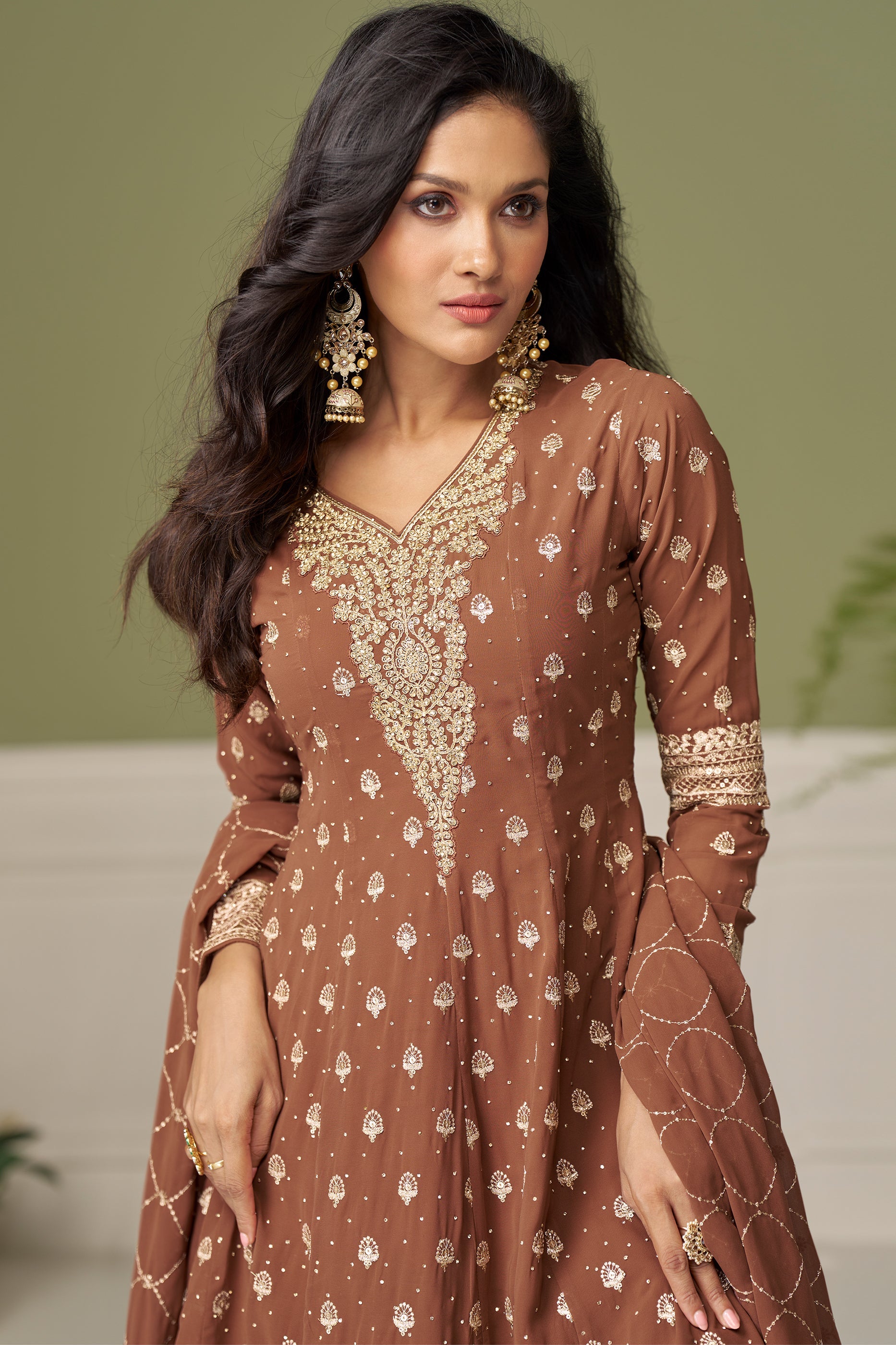 Brown Readymade Embroidered Georgette Suit-SAR11549_2_SareeButa.com