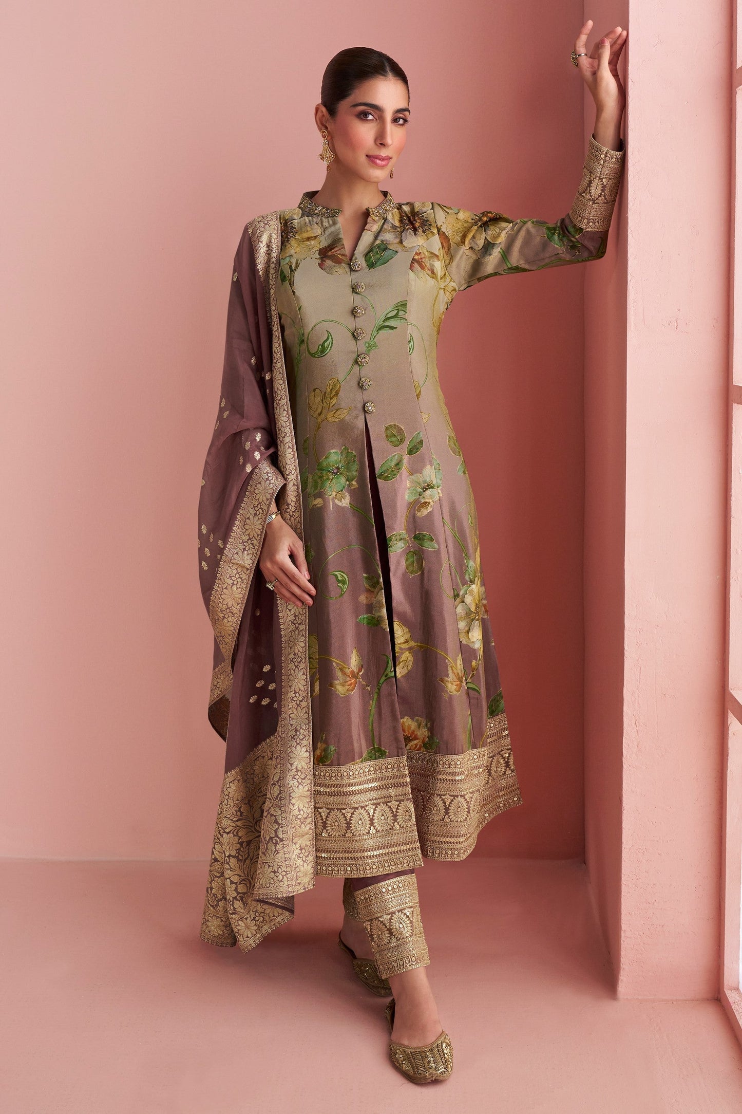 Brown Readymade Embroidered Silk Suit-SAR10500_1_SareeButa.com