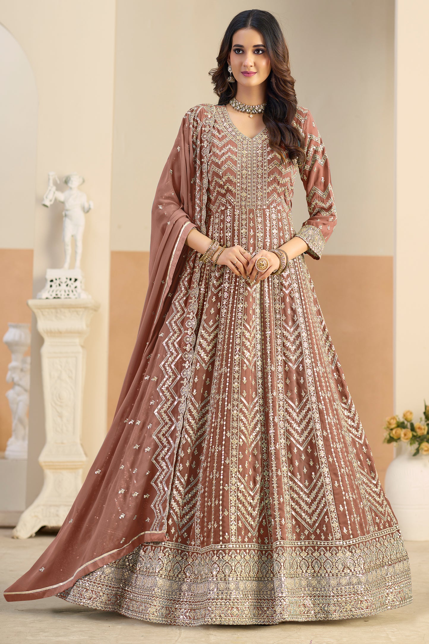 Brown Readymade Georgette Gown With Dupatta-SAR12491_1_SareeButa.com