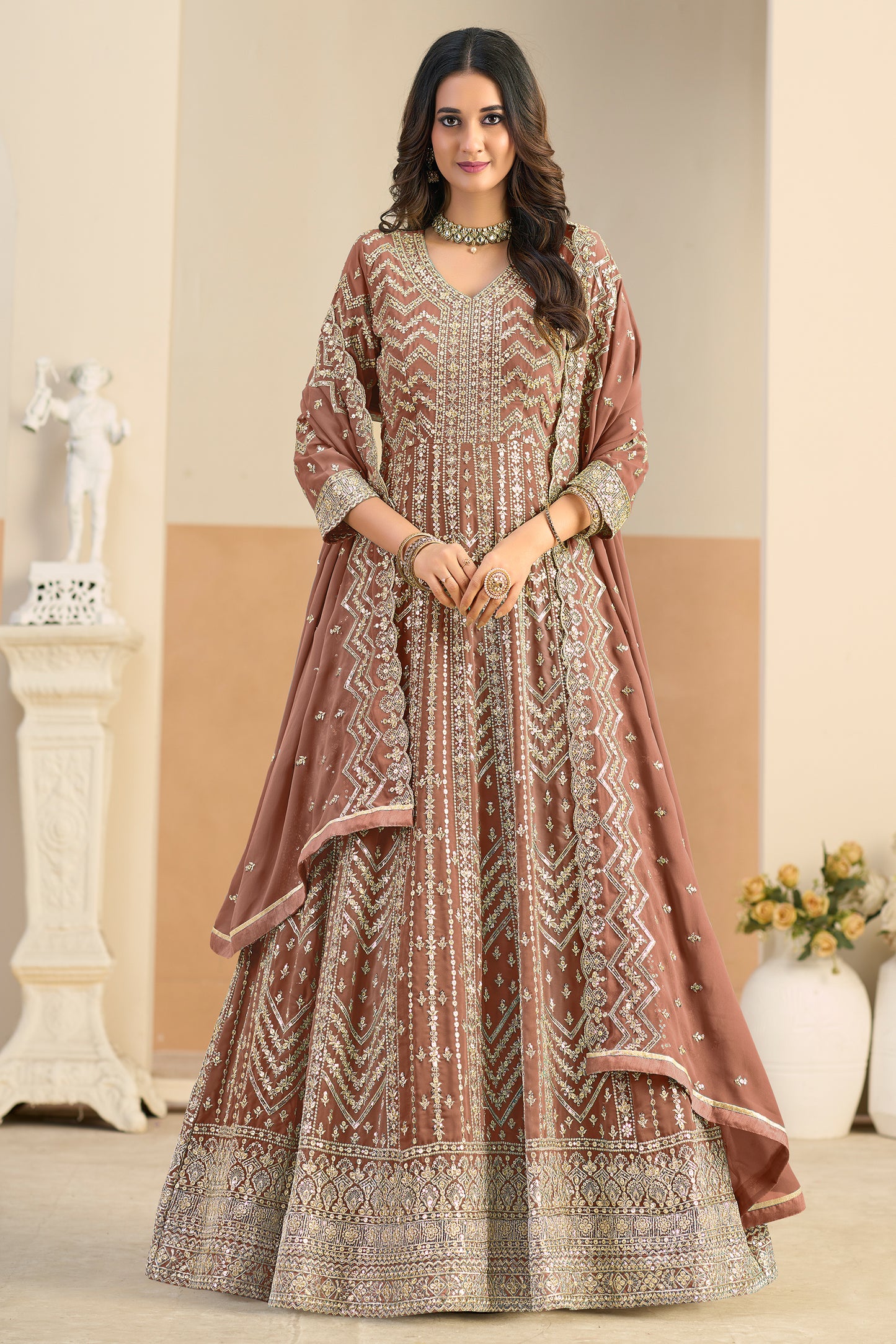 Brown Readymade Georgette Gown With Dupatta-SAR12491_3_SareeButa.com