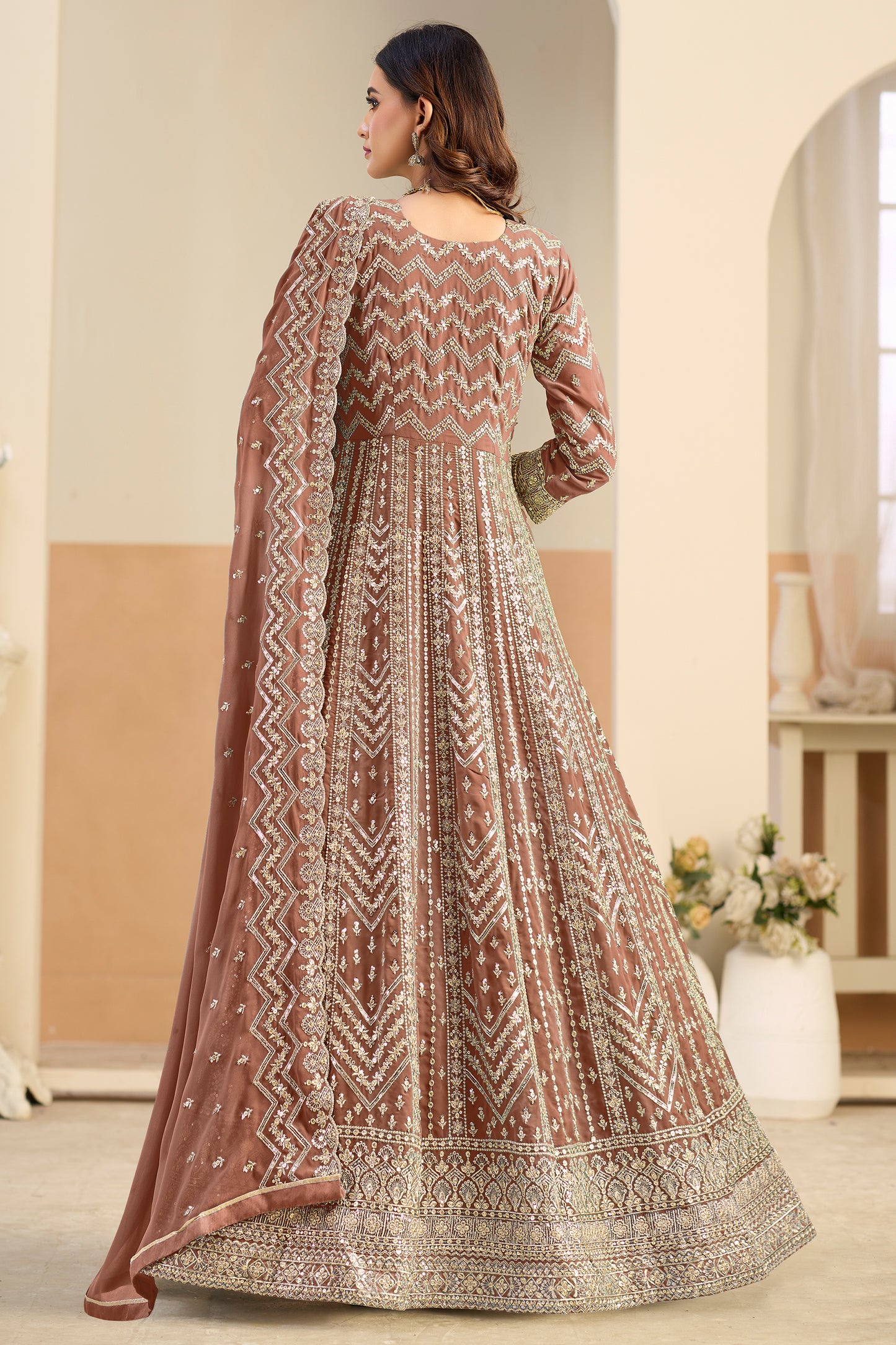 Brown Readymade Georgette Gown With Dupatta-SAR12491_4_SareeButa.com