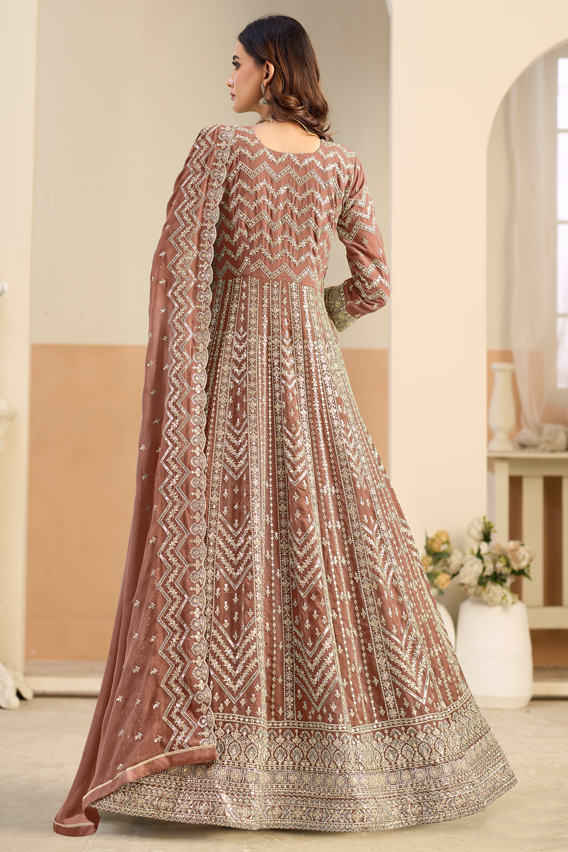 Brown Readymade Georgette Gown With Dupatta-SAR12491_4_SareeButa.com