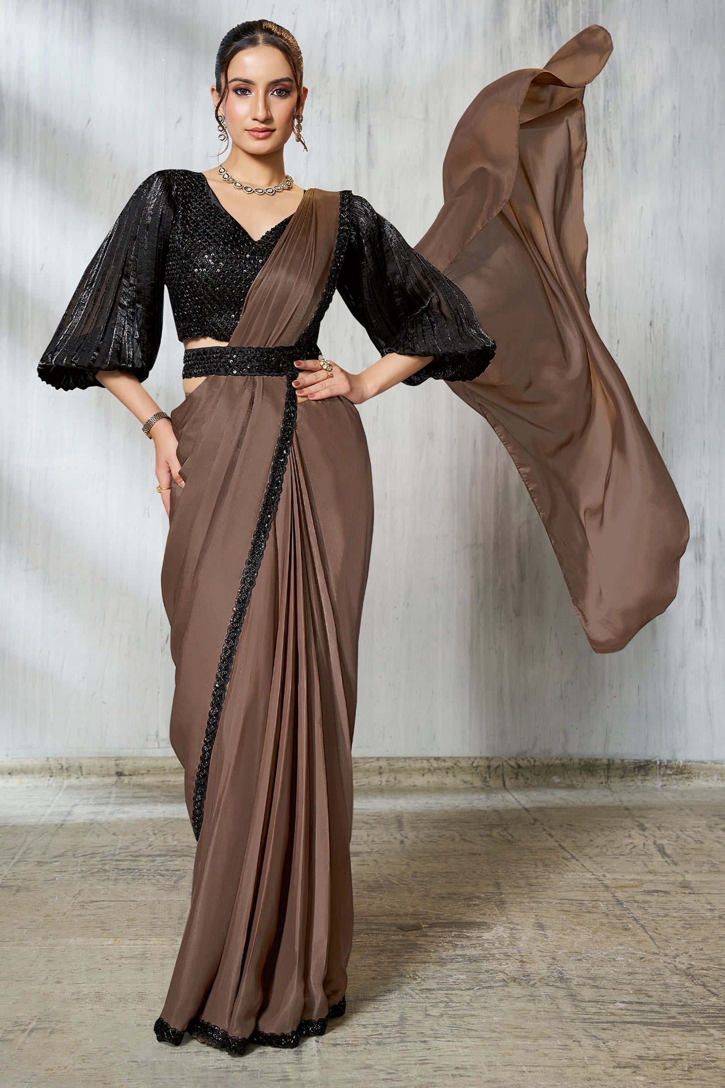 Brown Satin Silk Readymade Saree-SAR11136_1_SareeButa.com