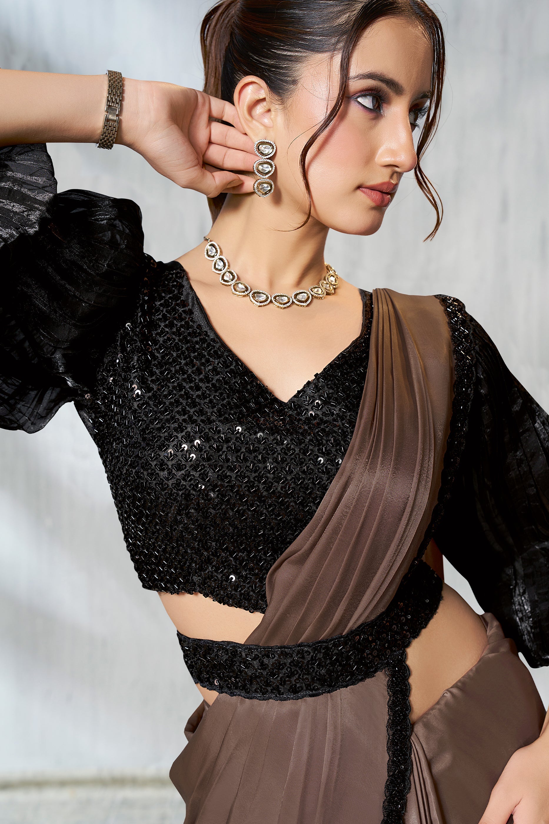 Brown Satin Silk Readymade Saree-SAR11136_2_SareeButa.com